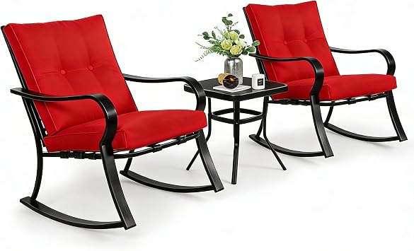 SUNCROWN Outdoor 3-Piece Rocking Chairs Patio Bistro Set Black Steel Furniture with Thickened Cushion and Glass-Top Coffee Table, Red
