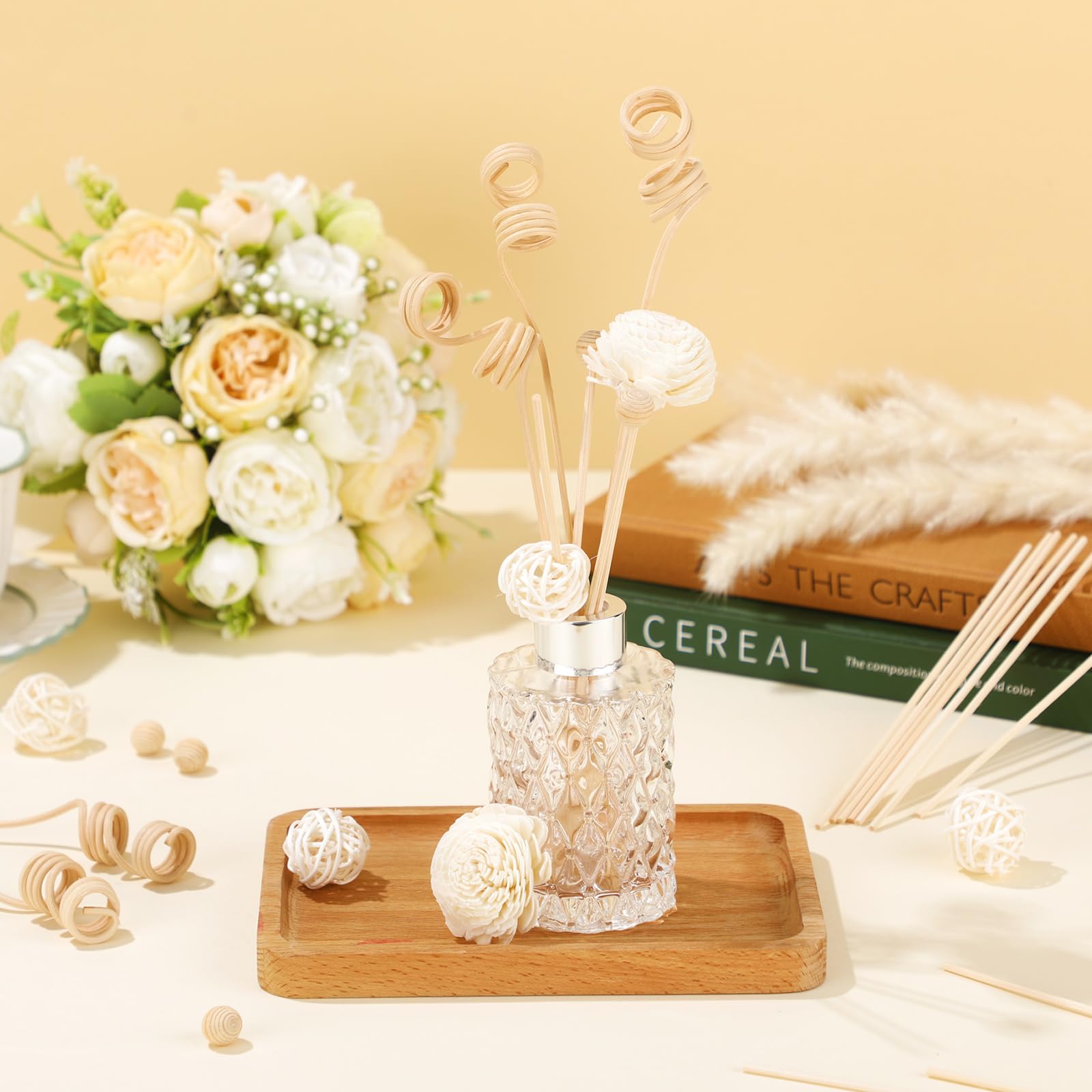 Loopeer 180 Stück Schilfrohr-Diffusorstäbchen-Set, Rattan-Duft-Diffusor und Blumen-Rattan-Diffusorstäbchen, natürlicher Rattan-Duft, Aromatherapie, flüchtiger Ersatz, Nachfüllstäbchen für Aroma