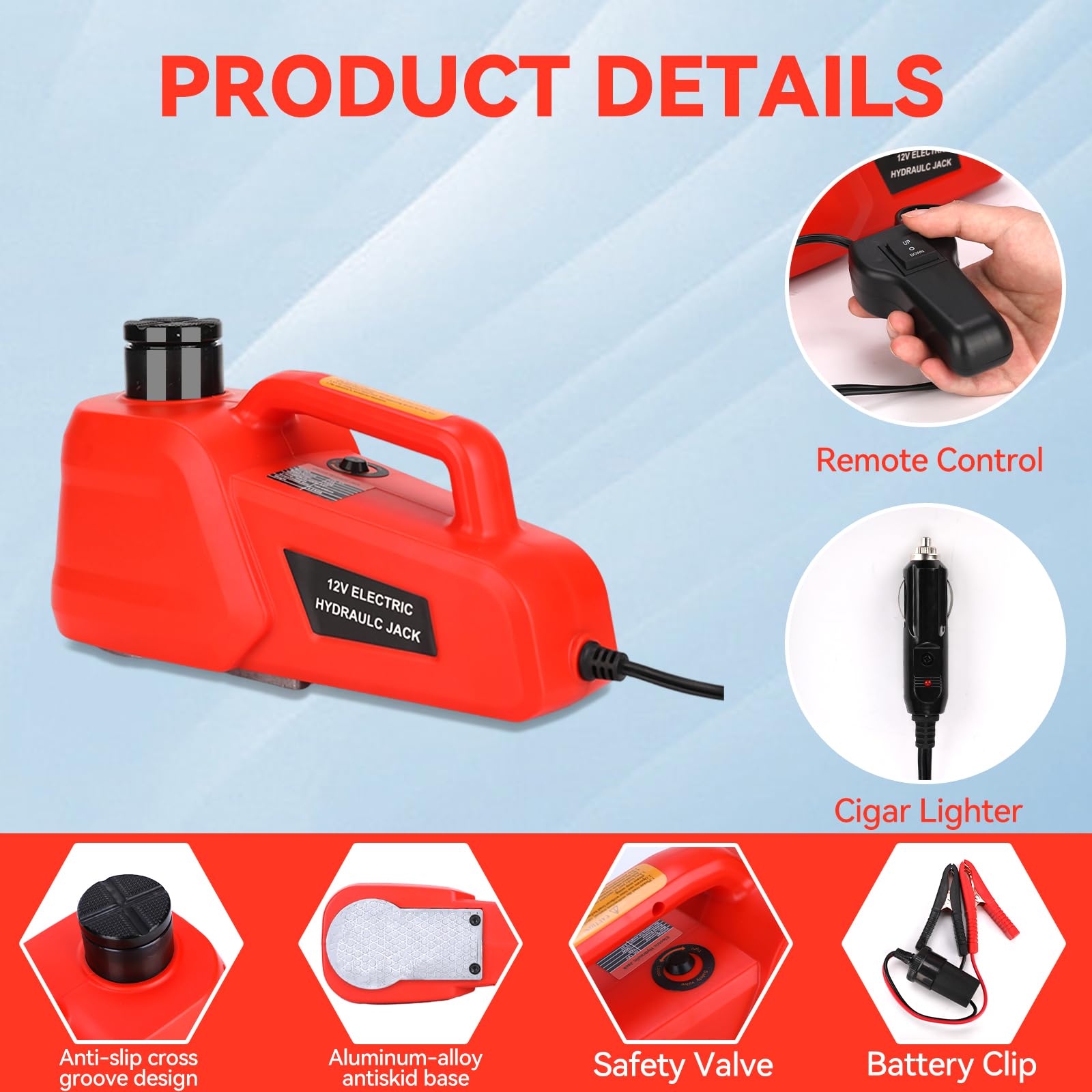 Trihelper Martinetto idraulico per auto, 5 tonnellate, 12 V, portatile, sollevatore da pavimento, per berline, SUV, monovolume, berlina, camion, cambio pneumatici, riparazione garage, kit di emergenza