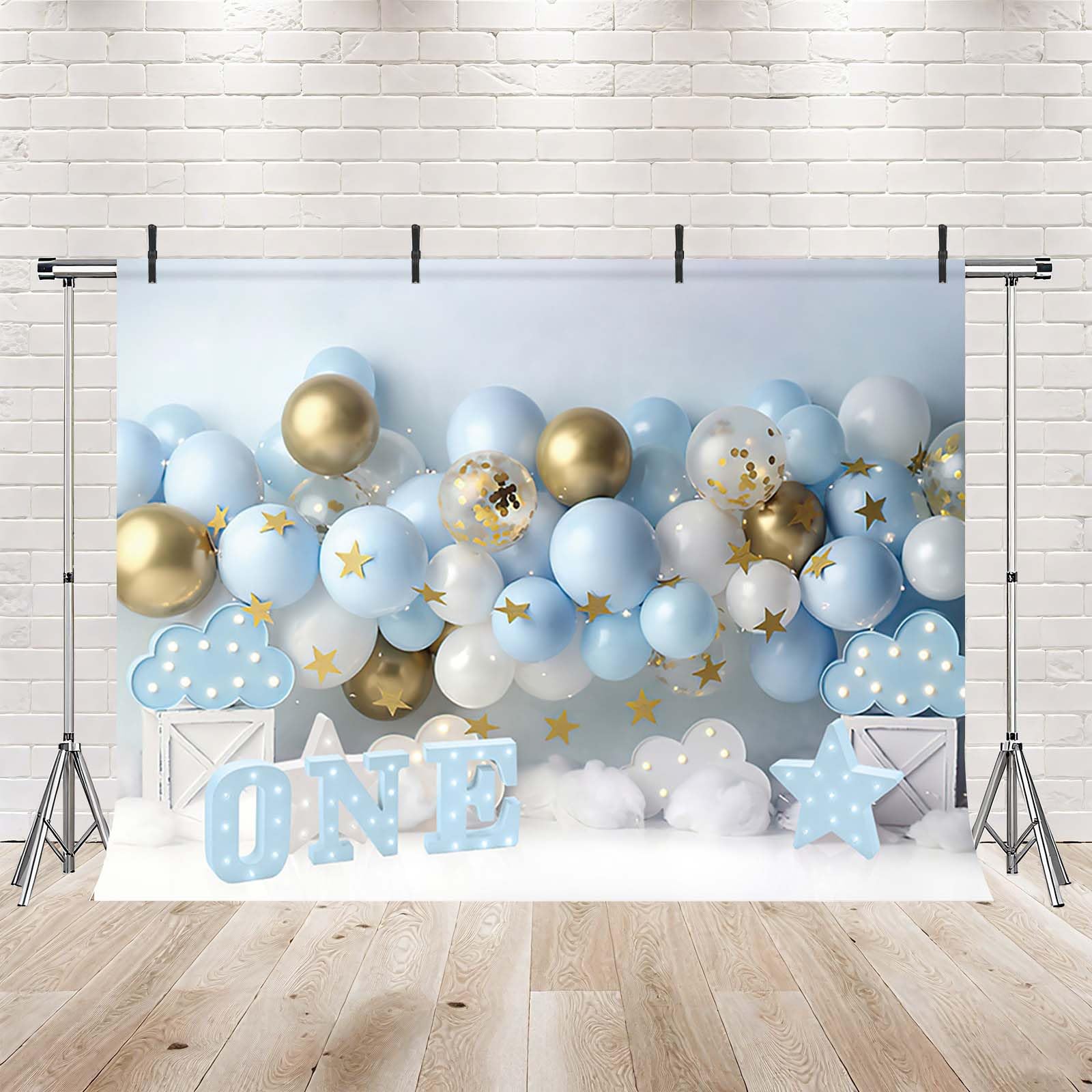 Fond Blanc MEHOFOND Toile De Fond Bleue Pour Anniversaire De Garçon 2,4 X  1,8 M Nuages Blancs Ballons Dorés Et étoiles Bannière De Fête Pour Enfants  Décoration De Table Portrait Fournitures De, image size:1600x1600