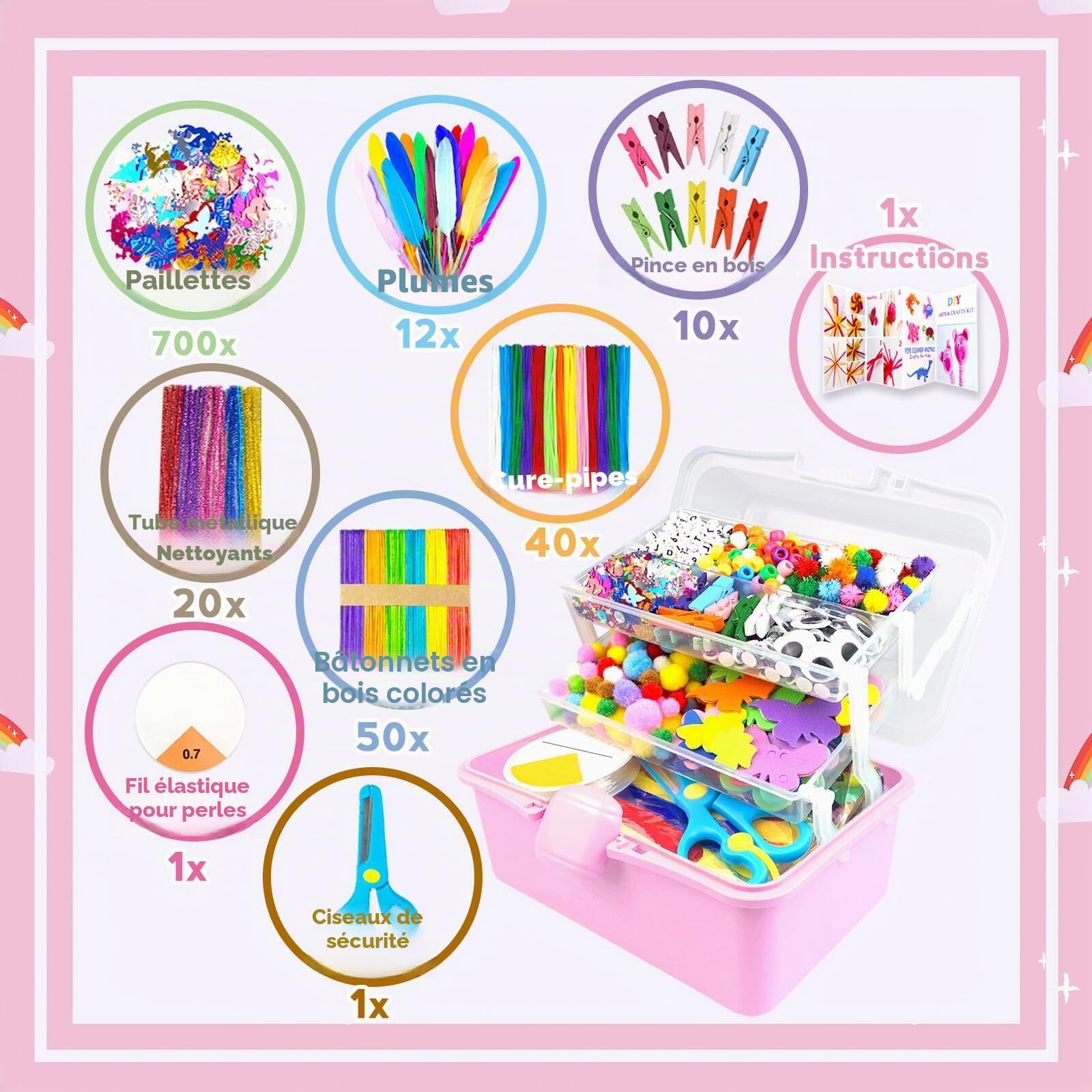 3000 Pièces Activites Manuelles pour Enfants, Boîte Bricolage Portable à 3 Niveaux avec Pipe Cleaners, DIY Activité Manuelle Kits de Loisirs Créatifs Cadeaux pour Enfants Filles Garçons 4-8, 8-12
