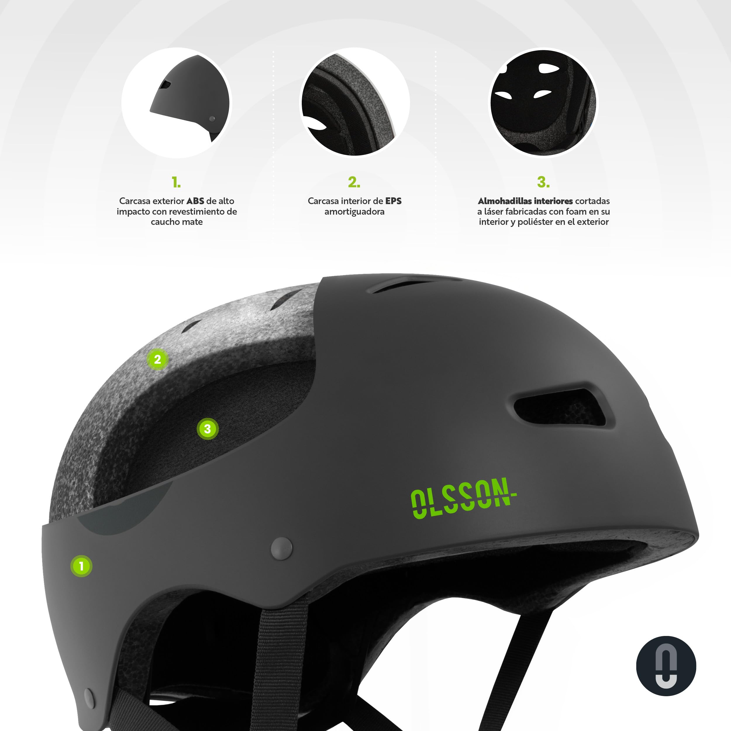OLSSON Casco Urban Rider Tallas S a L (51-58cm) - Ajustable - Homologado - Resistente a Impactos 360º - Forro Desmontable - Ventilación - Apto patinetes Patines Bicicletas y Skate (Antracita, M/L)