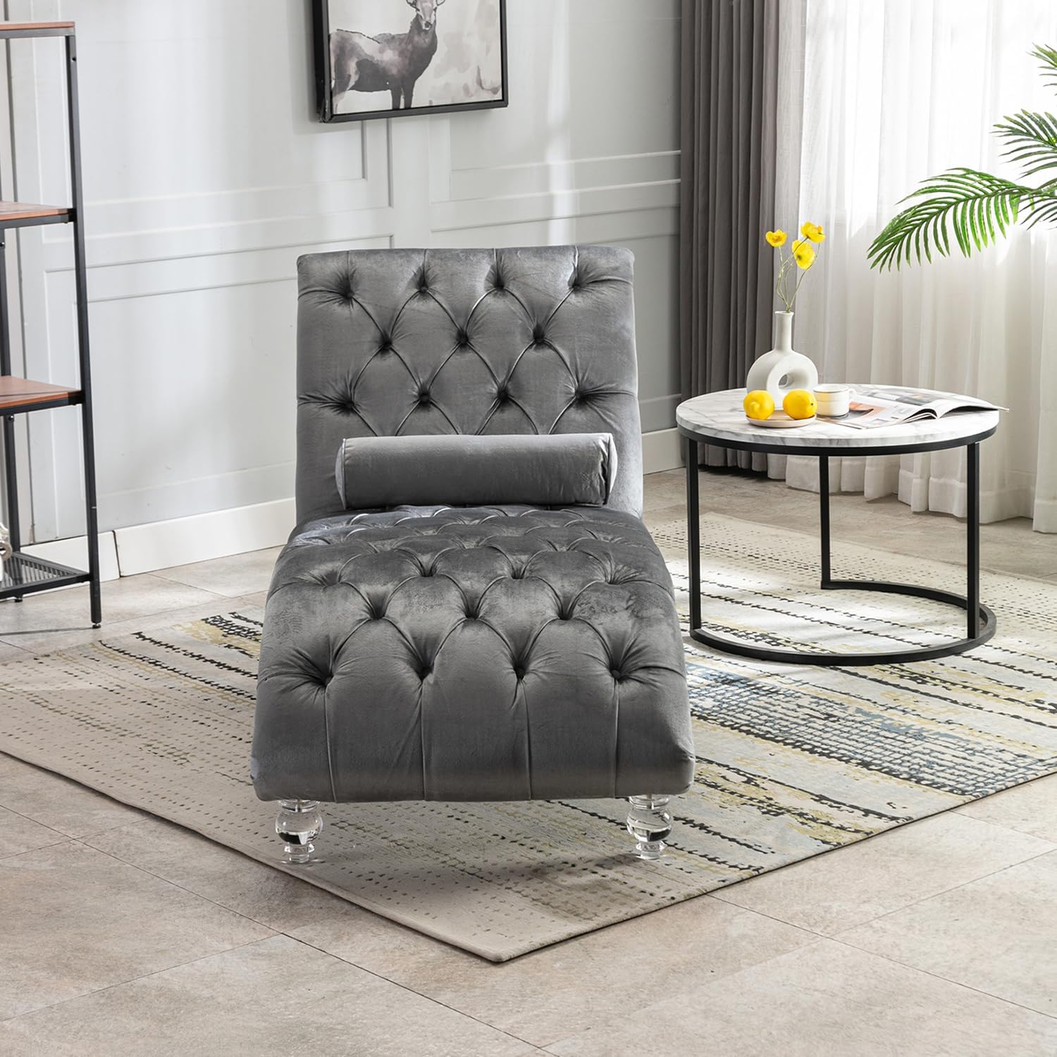 Tufted Chaise Lounge Chair Indoor,Velvet Upholstered Chaise Lounge Chair with Acrylic Legs and Lumbar Pillow,Armless Leisure Recliner Single Lounge Sofa for Living Room,Bedroom (Silver Grey)