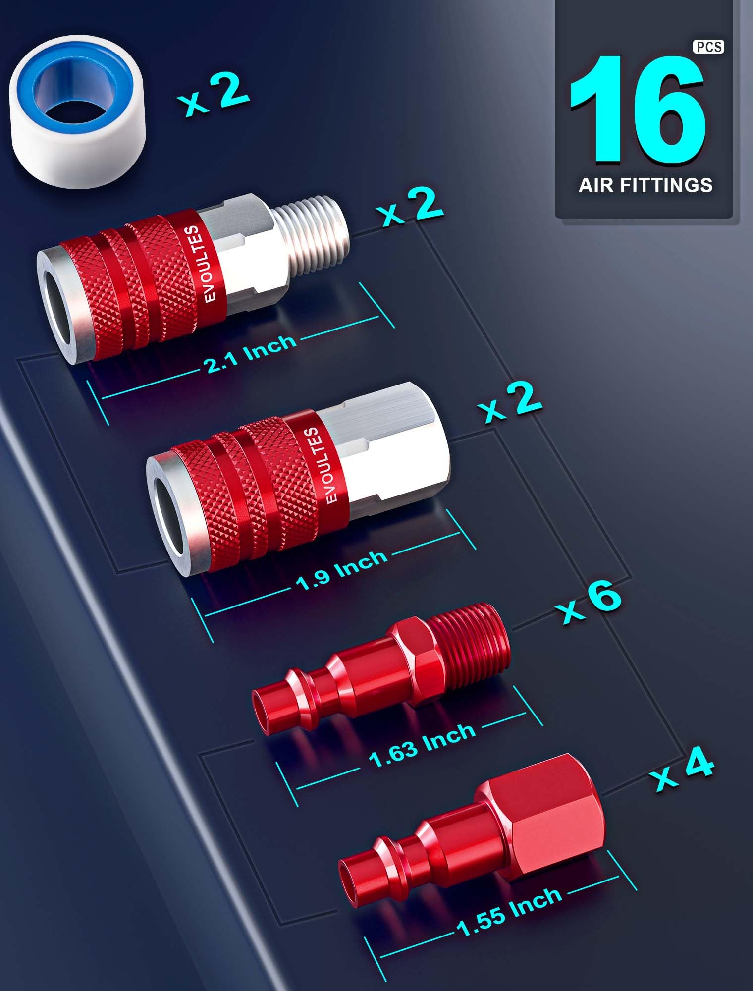 EVOULTES 16 piezas de accesorios universales de manguera de aire NPT de 1/4 pulgadas y kit de acoplador de aire, kit de accesorios de aire de aluminio ligero con enchufe de aire de conexión rápida,