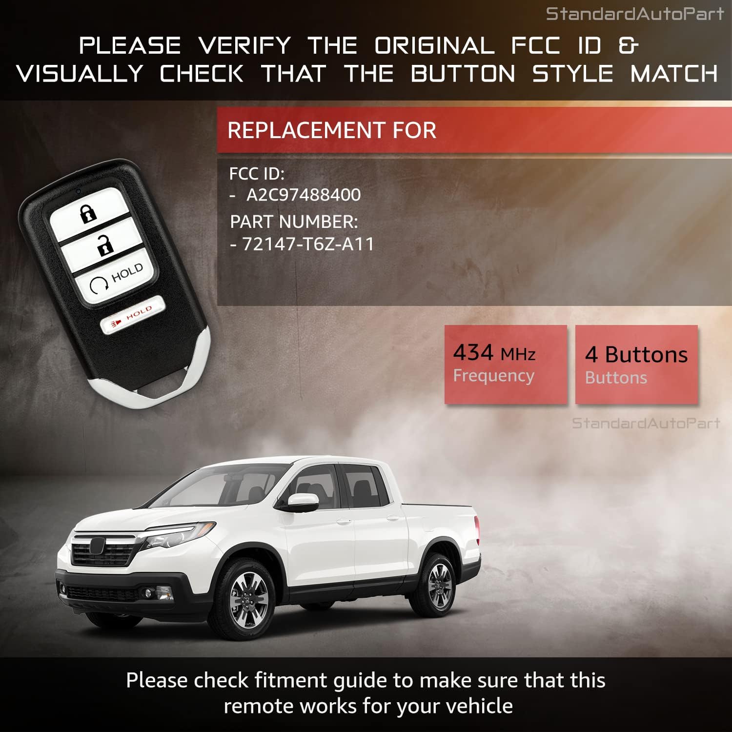 StandardAutoPart 4 Button Proximity Remote Smart Key Compatible with Honda Ridgeline 2017 2018 2019 A2C97488400 72147-T6Z-A11