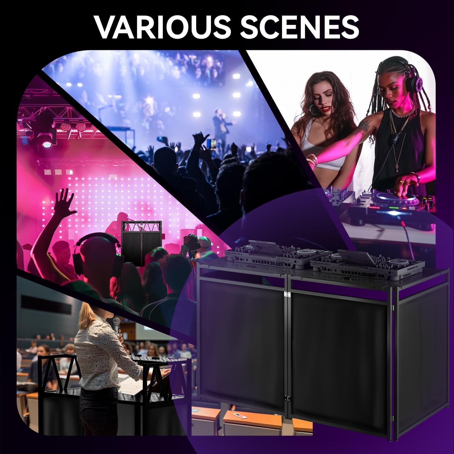 RDCMKL Portable DJ Booth Table Stand with 2-Height Adjustable Top Board, All-Iron Heavy Duty DJ Facade for Events, Includes 8 Scrims, Travel Bag, and 4 Leveling Legs, 54x27x45 Inches