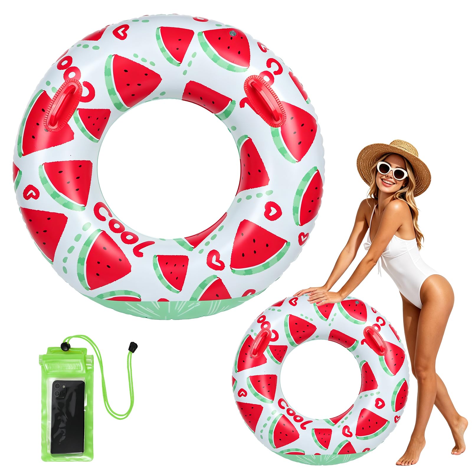 Swimming Rings, Inflatable Rubber Rings for Adults, Fruit Inflatable Pool Ring, Swim Ring with Handle, Pool Float with Waterproof Phone Pouch for Summer Beach Pool Party (Magenta, 80 cm)