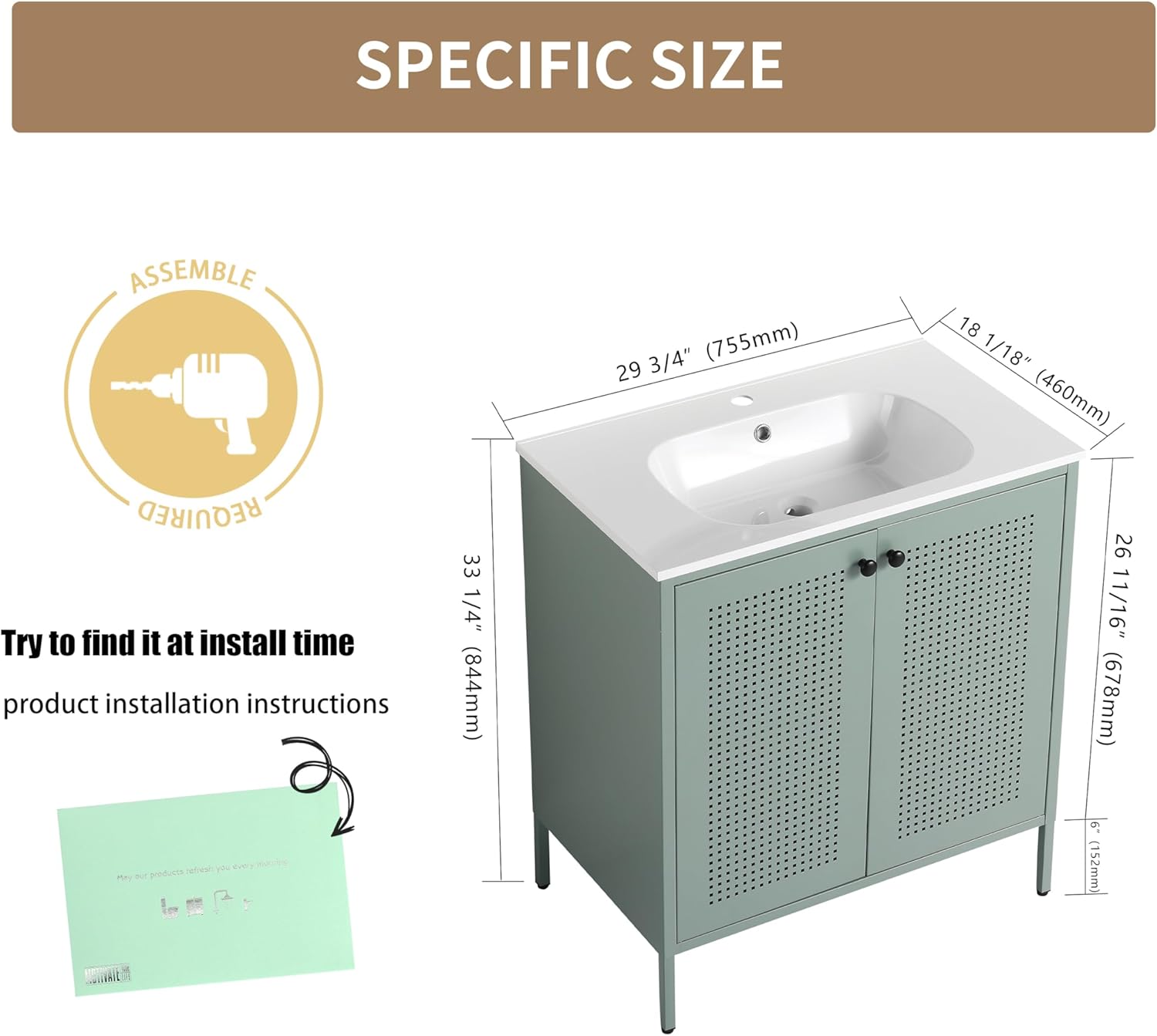 30 Inch Freestanding Bathroom Vanity, 30'' Floor Stand Bathroom Vanity with Sink, Single Sink Cabinet Combo, Modern Storage Cabinet, Adjustable Shelf, BVB05730GN