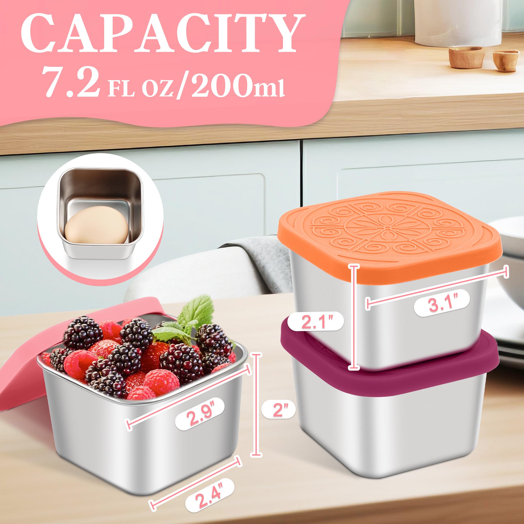 Lot De 4 Boîtes à Collation En Acier Inoxydable 230 Ml - Couvercle Silicone Anti-fuite - Pour Fruits, Sauces, Noix - Lavable Lave-vaisselle - 10x6,2x5,5 Cm - 4