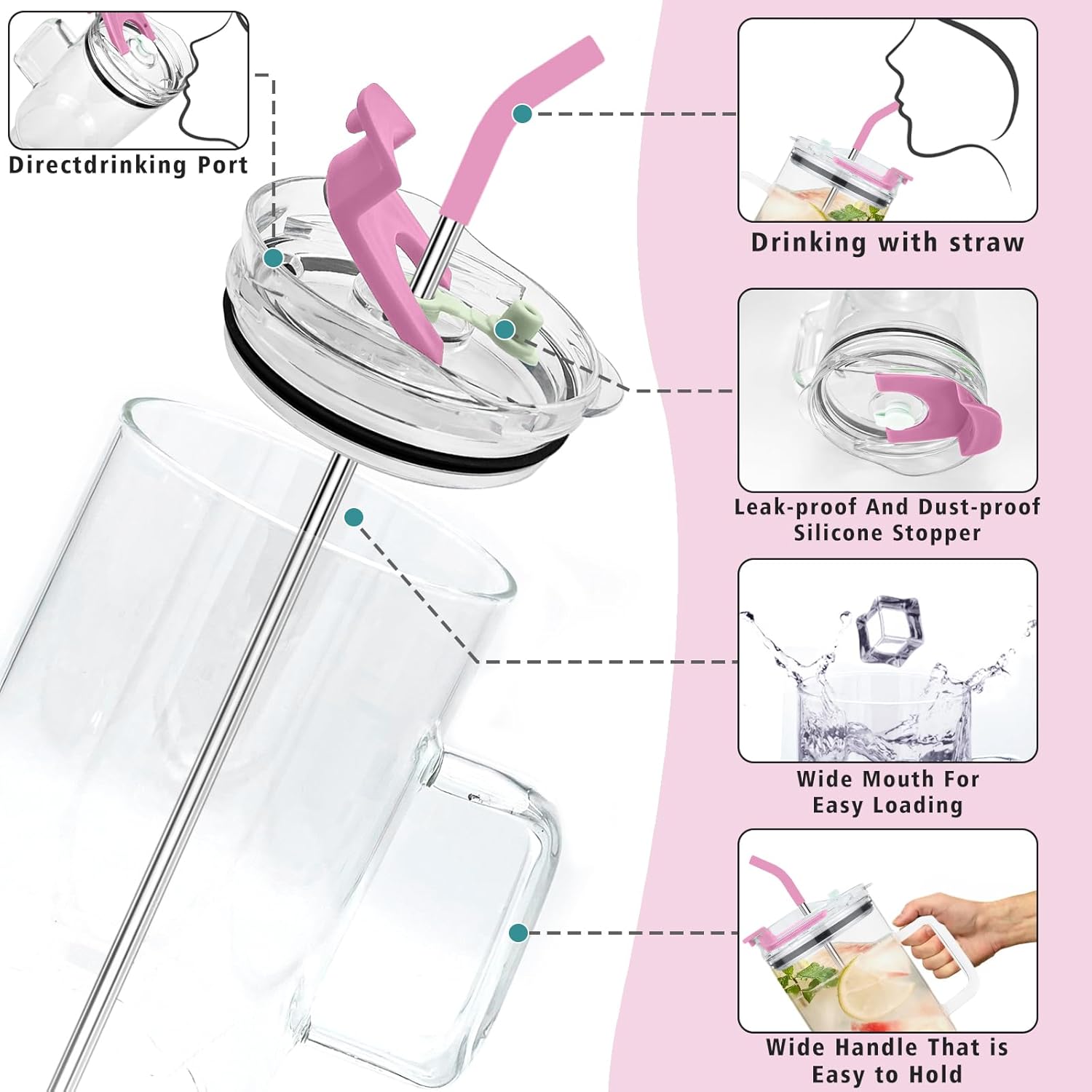 Glass Tumbler with Lid and Straws,40oz Glass Cup with Handle,Drinking Glasses with Silicone Coaster,Glass Water Cup,Smoothie Cup,Beer Cup,Ice Coffee Cup,Fits In Cup Holder(Pink) - Image 3