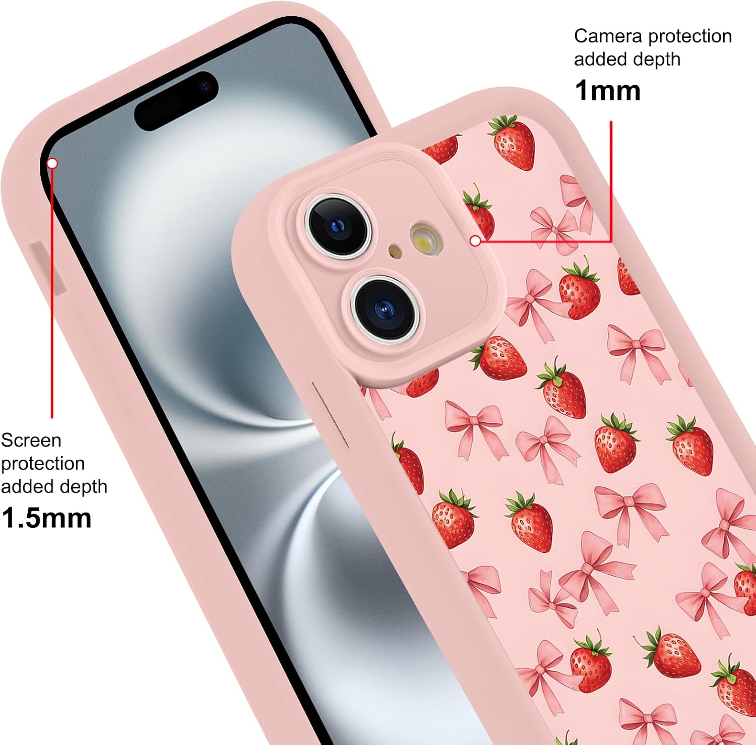 Cute Pink Bow Phone Case for iPhone 16 Strawberry Case 6.1", Aesthetic Trendy Ribbon Bowknot Pattern Design Shockproof Soft Slim TPU Full Camera Lens Protective Cover for Women Girls image 4