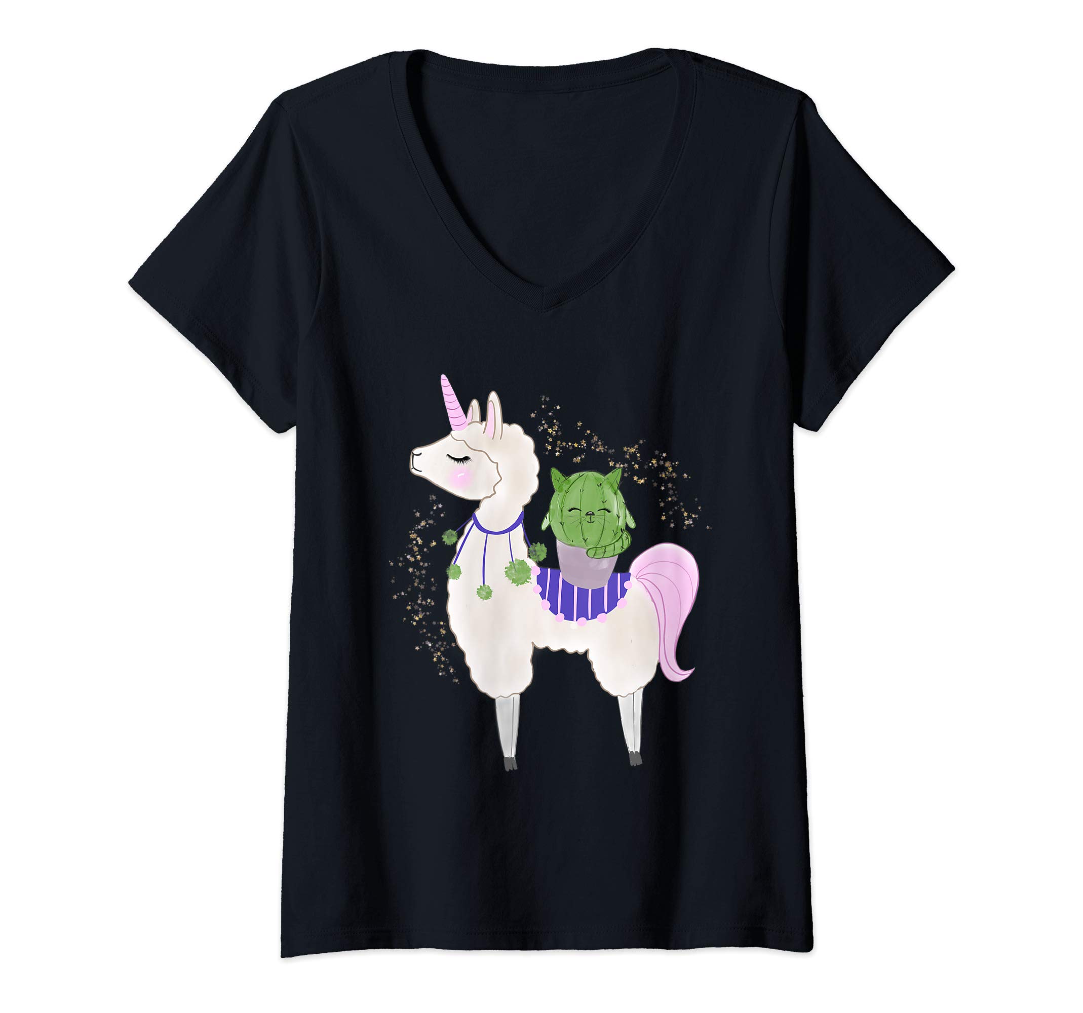 Cat Rides Llamacorn Funny GiftWomens Cat Riding Llamacorn Gift for Llama and Cactus Lovers V-Neck T-Shirt