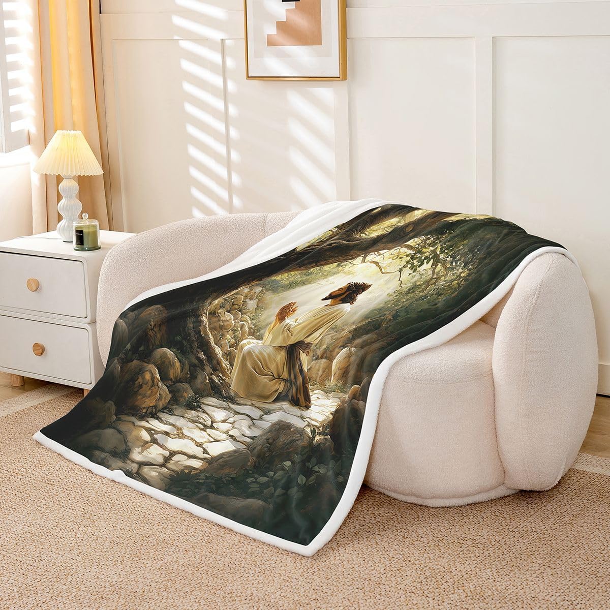 Manfei God Praying Kids Throw Blanket,The Garden of Gethsemane Bed Blanket,Western Bible Verse Spiritual Girls Boys Sofa Decor,Black Gray Fuzzy Blanket,Throw Size (50 x 60 Inches)