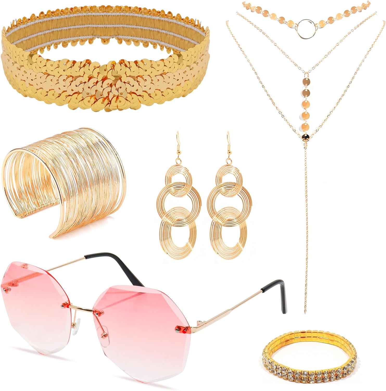 6 Pcs 70s Disco Accessories for Women 70s Disco Costume Accessory Set for Party Halloween Cosplay with Gold Disco Earrings Coil Bracelet Sunglasses Layered Necklace Sequin Headband