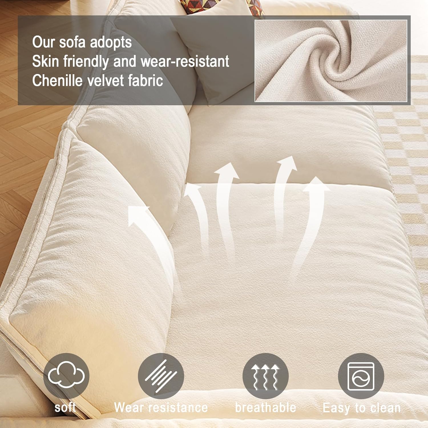 Modern Oversized Sofa, Cream White Corduroy, Extra Deep Plush Cushions, Contemporary Living Room Couch, Capacity Extra Deep Seat