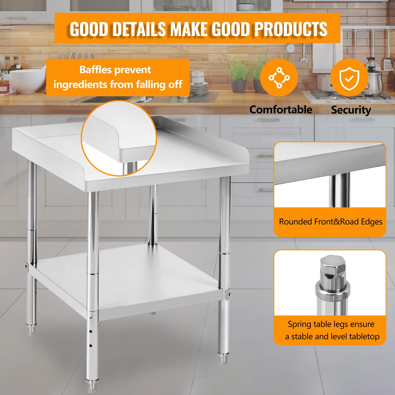 Garvee Mesa de Trabajo Acero Inoxidable 201 30,5 × 61 × 76 cm con Protector Fijo, Estante Inferior, Mesa Auxiliar Cocina BBQ Exterior