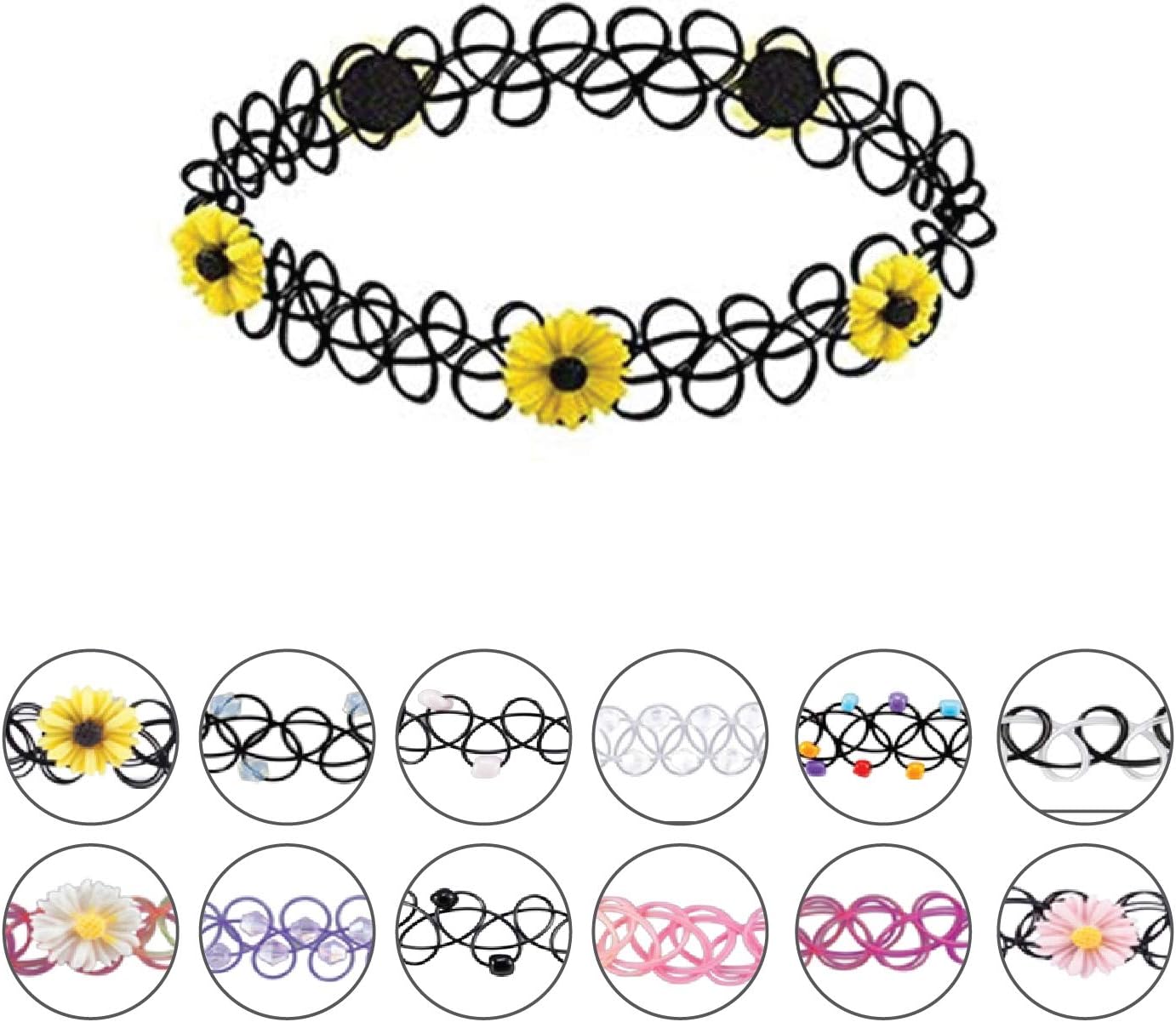 BodyJ4You 24PC Tattoo Choker Necklace - 90s Choker Necklaces Y2K Fashion Trendy Vintage - Daisy Flower Charm Colorful Rainbow Black Goth Pendant - Stretchy Elastic Necklace Summer Gift Set - Image 7