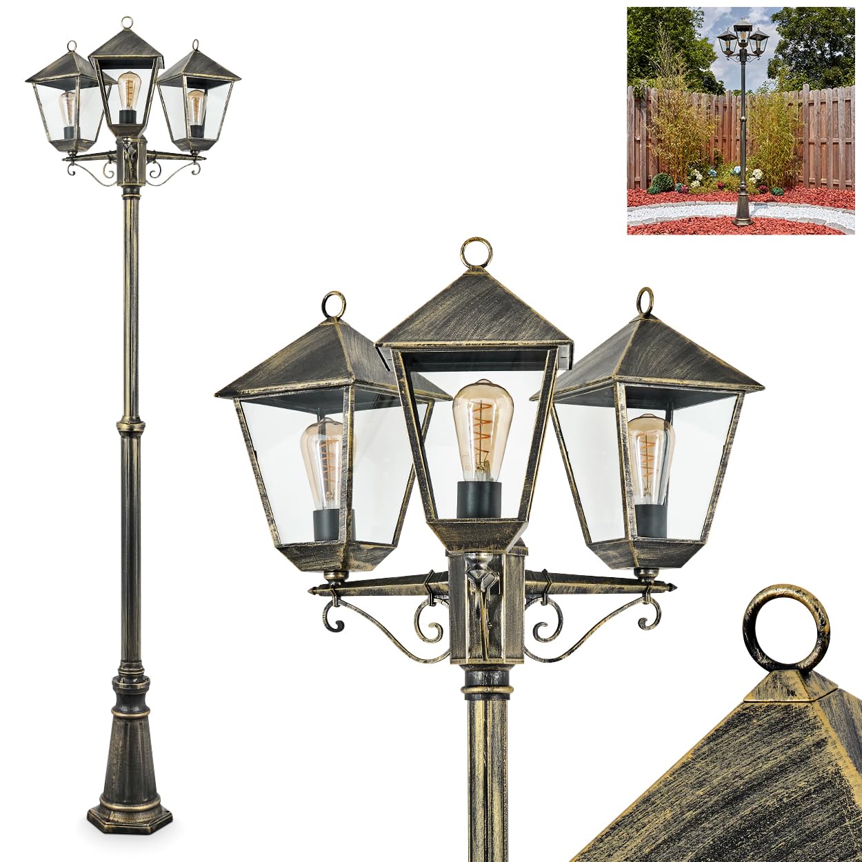 Kandelaber Anfei, Außenwegeleuchte aus Metall/Glas in Schwarz/Gold/Klar, Leuchte im Vintage/Antik/Landhaus-Design für Außenbereich/Garten/Terrasse, Höhe 240 cm, 3 x E27, ohne Leuchtmittel, IP44