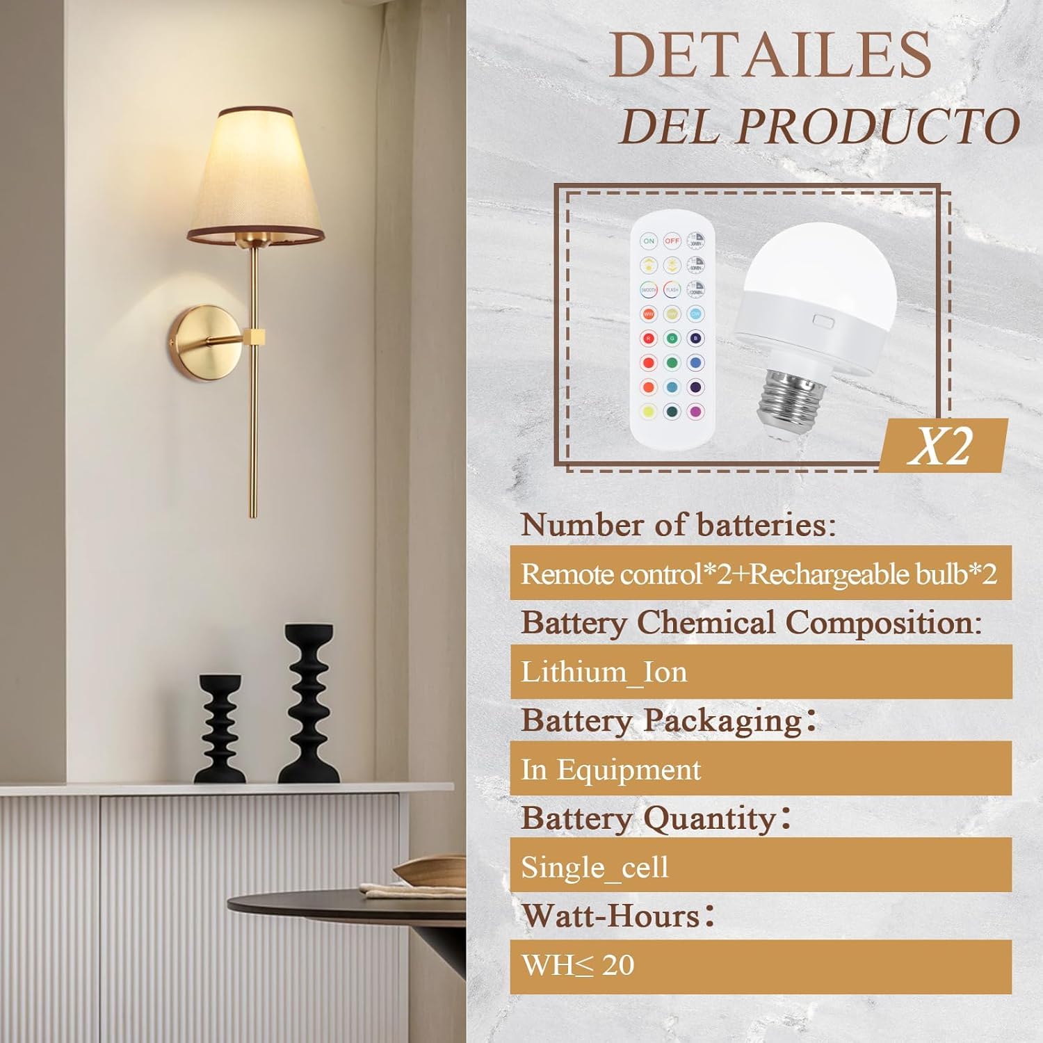 Applique da Parete Senza Fili con Telecomando, Lampadina dimmerabile Ricaricabile Tramite USB, Paralume in Tessuto Bianco e Oro Vintage per Soggiorno e Camera da Letto.