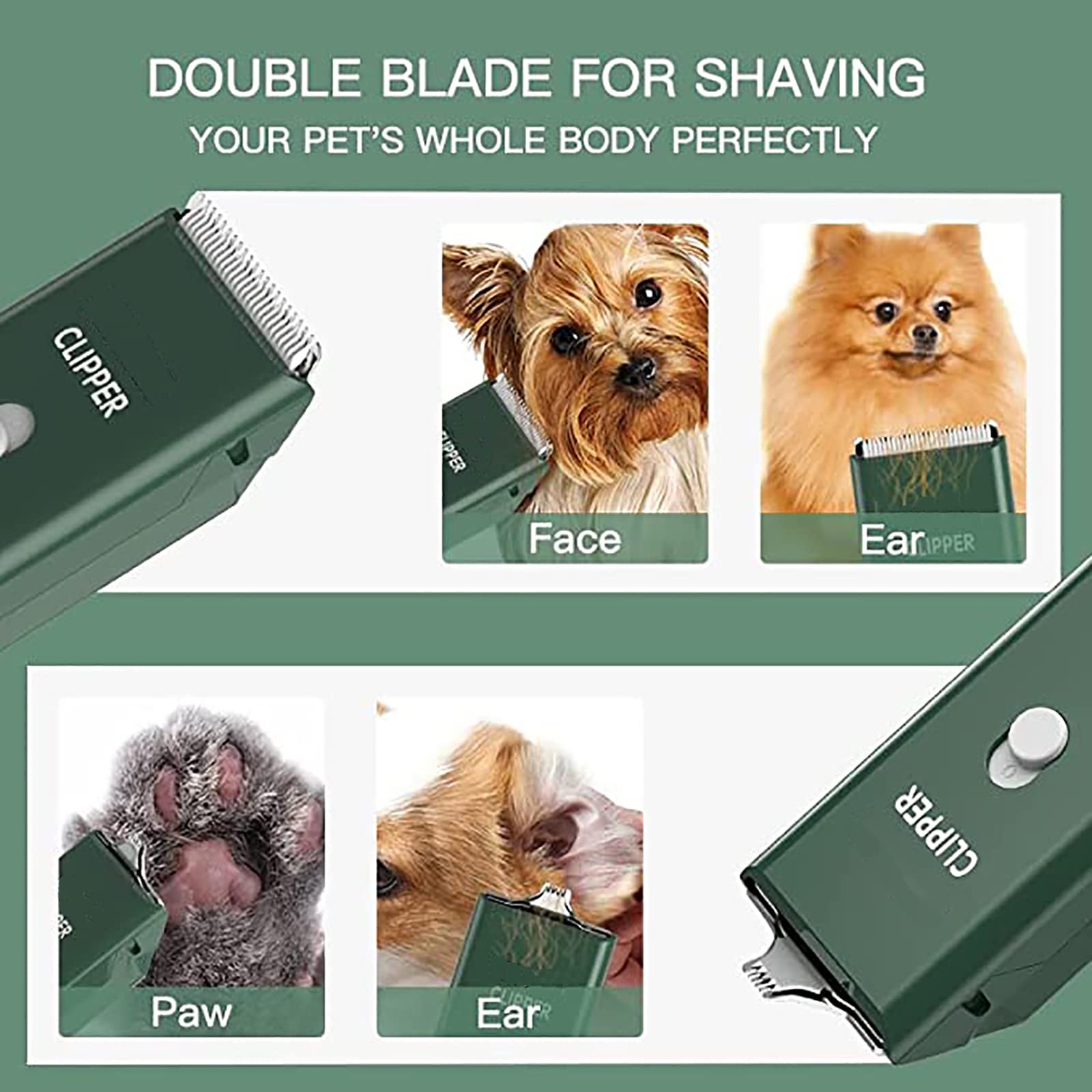 Dog Clippers,Pet Hair Trimmer Low Noise Washable USB Rechargeable Cordless Dog Grooming Kit with Wide & Narrow Blade,Electric Pet Feet Hair Trimmer for Cats Dogs (Green+Double Blades) - Image 3