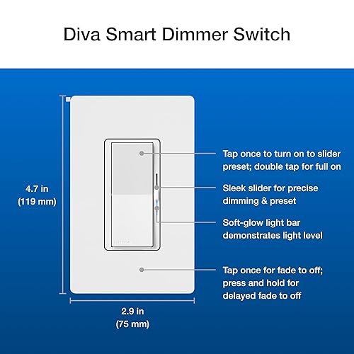 Vista 33 de Lutron - Interruptor inteligente Diva con regulador de intensidad con placa de pared para iluminación inteligente Caséta, no requiere cable neutro