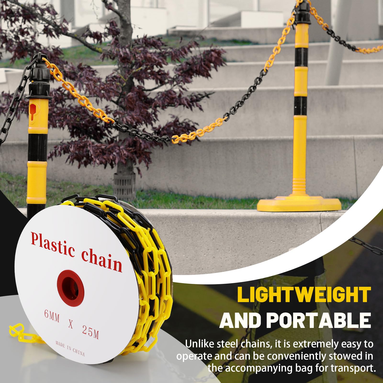 Erzekrim Absperrkette Warnkette Plastikkette Gelb Schwarz Kunststoff Kette 6mm Stärke Absperrkette Kunststoff mit 4 Karabinern für Baustelle,Parkplatz,Warteschlangen,Kunststoffkette (25M,Schwarz Gelb)