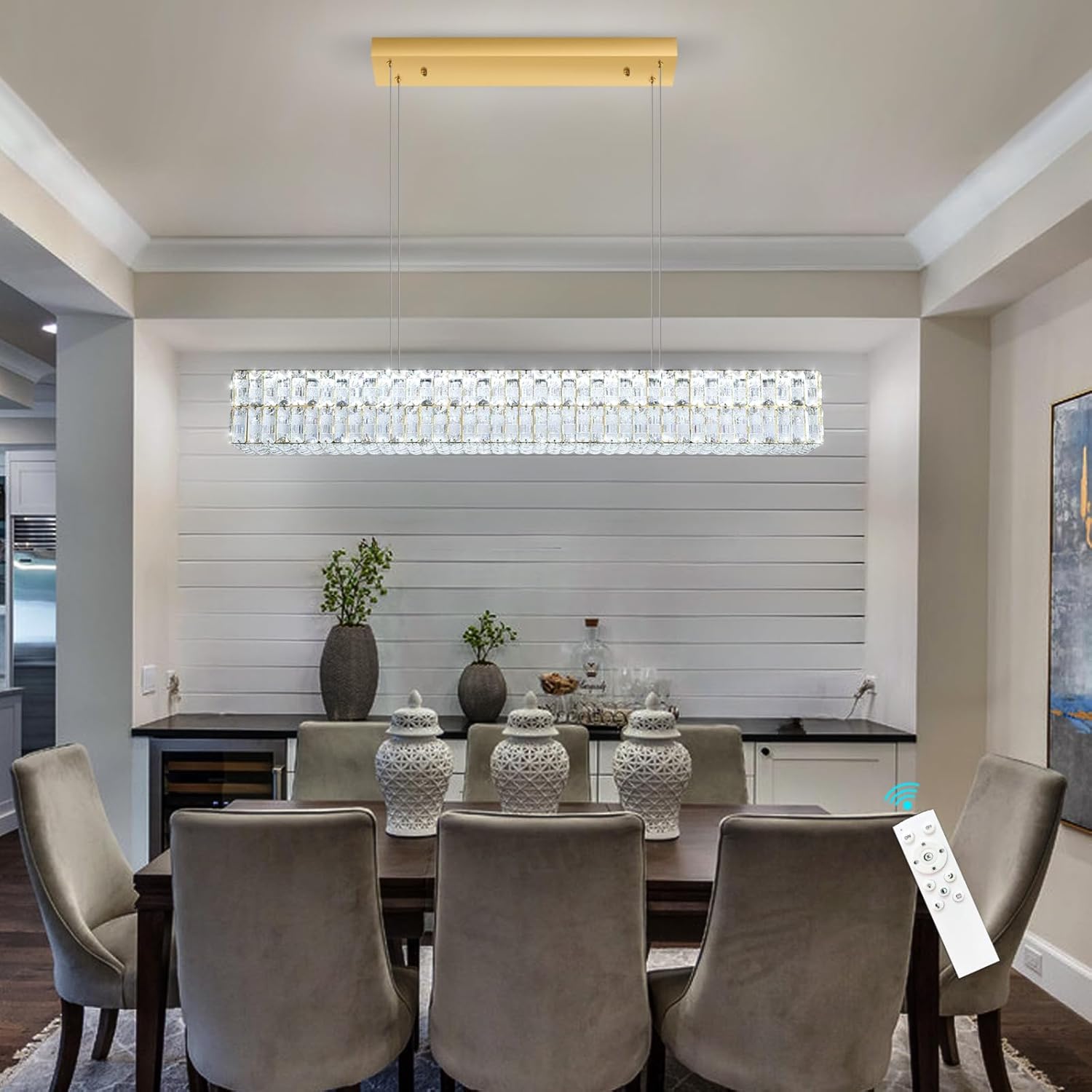 47 Inch Rectangular Crystal Chandelier Glam Dimmable LED Chandeliers for Dining Room Linear Pendant Light with Remote Control for Kitchen Island Gold