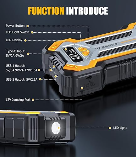 Miniatura 7 de Arrancador de coche, batería de coche de 5000 A para motores de gasolina de hasta 10L y 8L diésel, paquete de energía portátil de 12 V con caja de