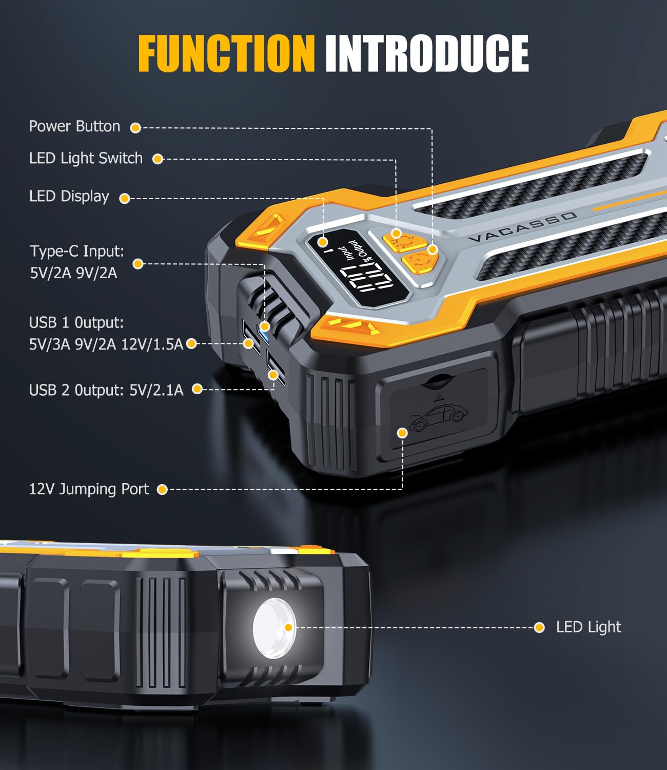 Car Jump Starter, VACASSO 5000A Car Battery Jump Starter for Up to 10L Gas and 8L Diesel Engines, 12V Portable Jumper Starter Power Pack with Booster Car Starter Jump Box, LED Light, Jumper Cable