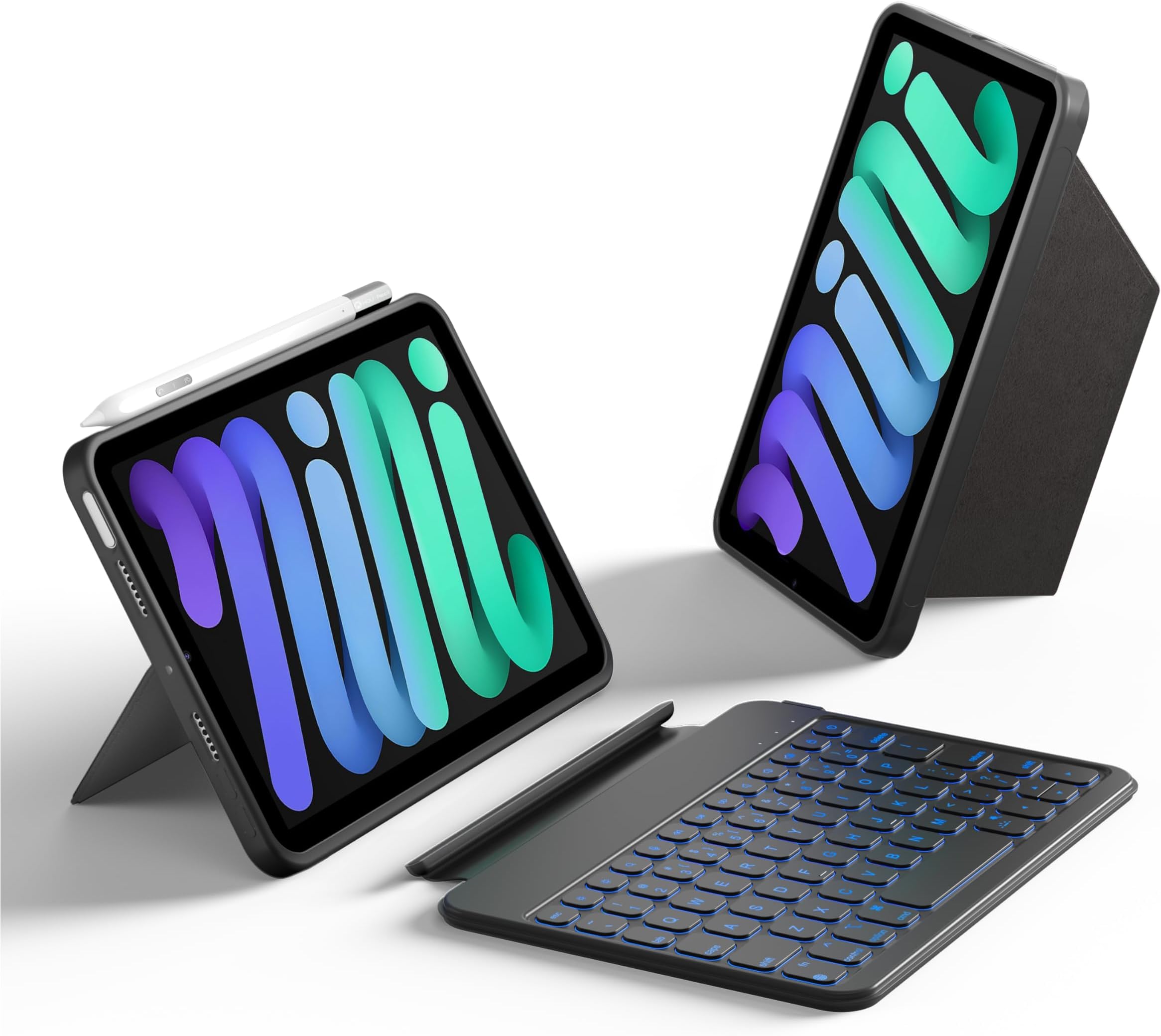 HOU Keyboard Case for iPad Mini 7/6, 156° Adjustable Stand, Detachable Full Protective Case for iPad Mini 7/6, 11 Shortcut Keys, 7 Color Backlight, Silicone PU, Multifunction, Bluetooth