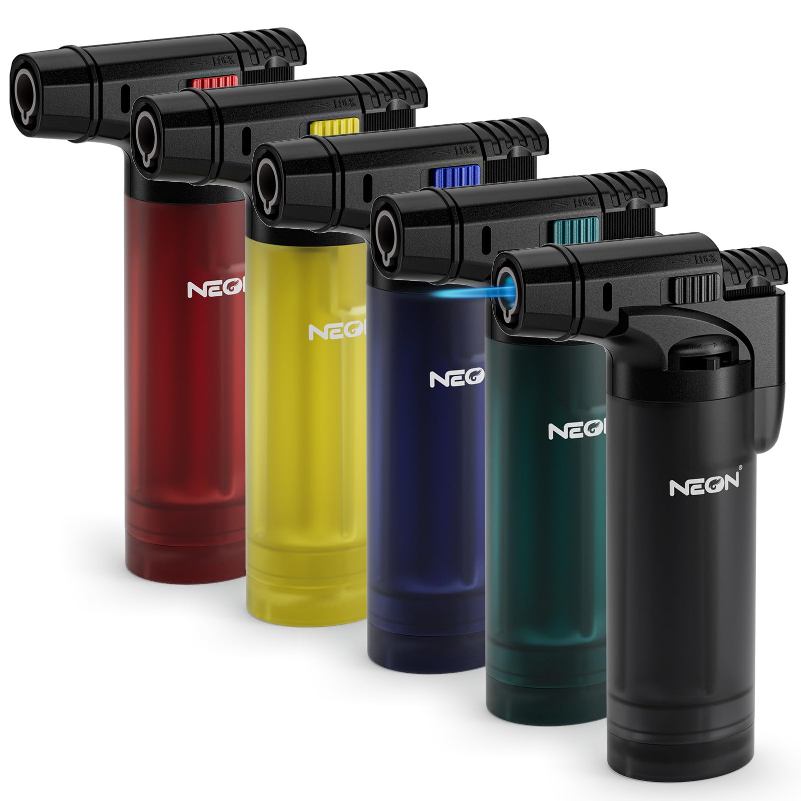 NEON 5 Pack Torch Lighters with Visible Fuel Window Jet Flame Multi Utility Lighter, Windproof, Safe, Butane Refillable Torch Lighter for Candle Grill BBQ Fireplaces