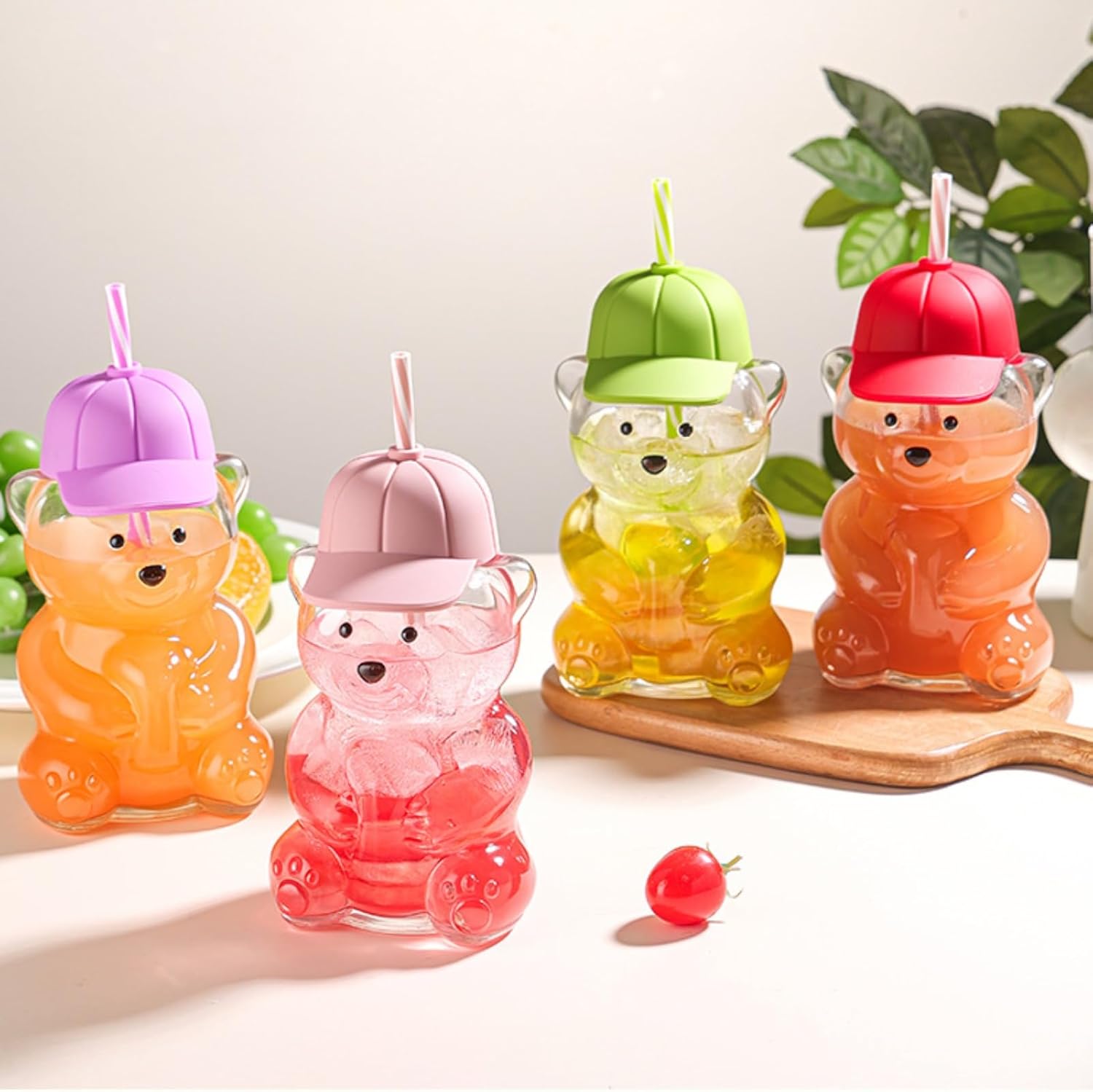 Bear Straw Cup 20oz Cute Bear Glass Tumbler Mug with Reusable Straw and Baseball Cap Lid Mugs Bear Cups Coffee Beer Wine Cocktail Drinks Glassware for Smoothies Boba Iced Coffee Milk Tea (Green)
