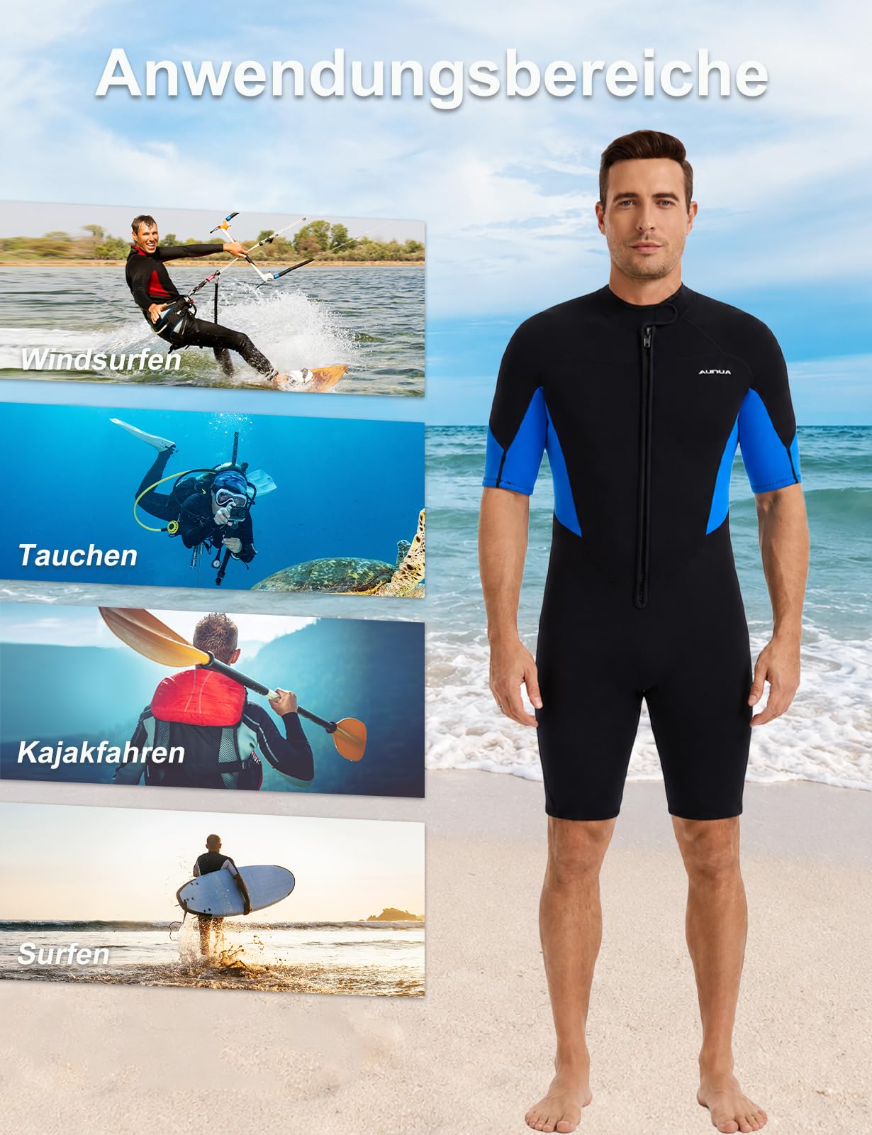 Herren 3mm Shorty & Ganzkörper-Neoprenanzug mit Frontreißverschluss | Hoch dehnbarer, wärmeisolierender Neoprenanzug für Herren und Damen, Geeignet für Tauchen, Surfen, Schwimmen und Schnorcheln