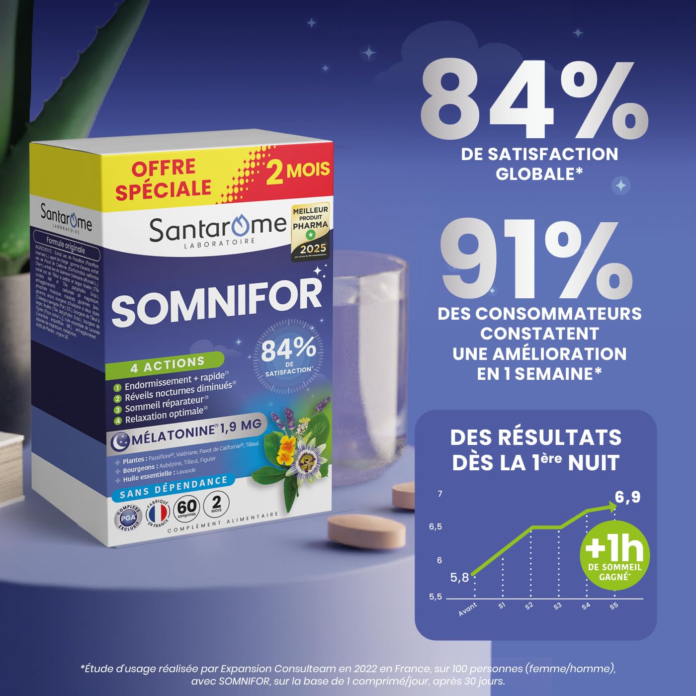 Santarome - Somnifor 4 actions - Complément alimentaire - Mélatonine 1,9 mg, Plantes - Sommeil réparateur - Format 2 mois - Made In France