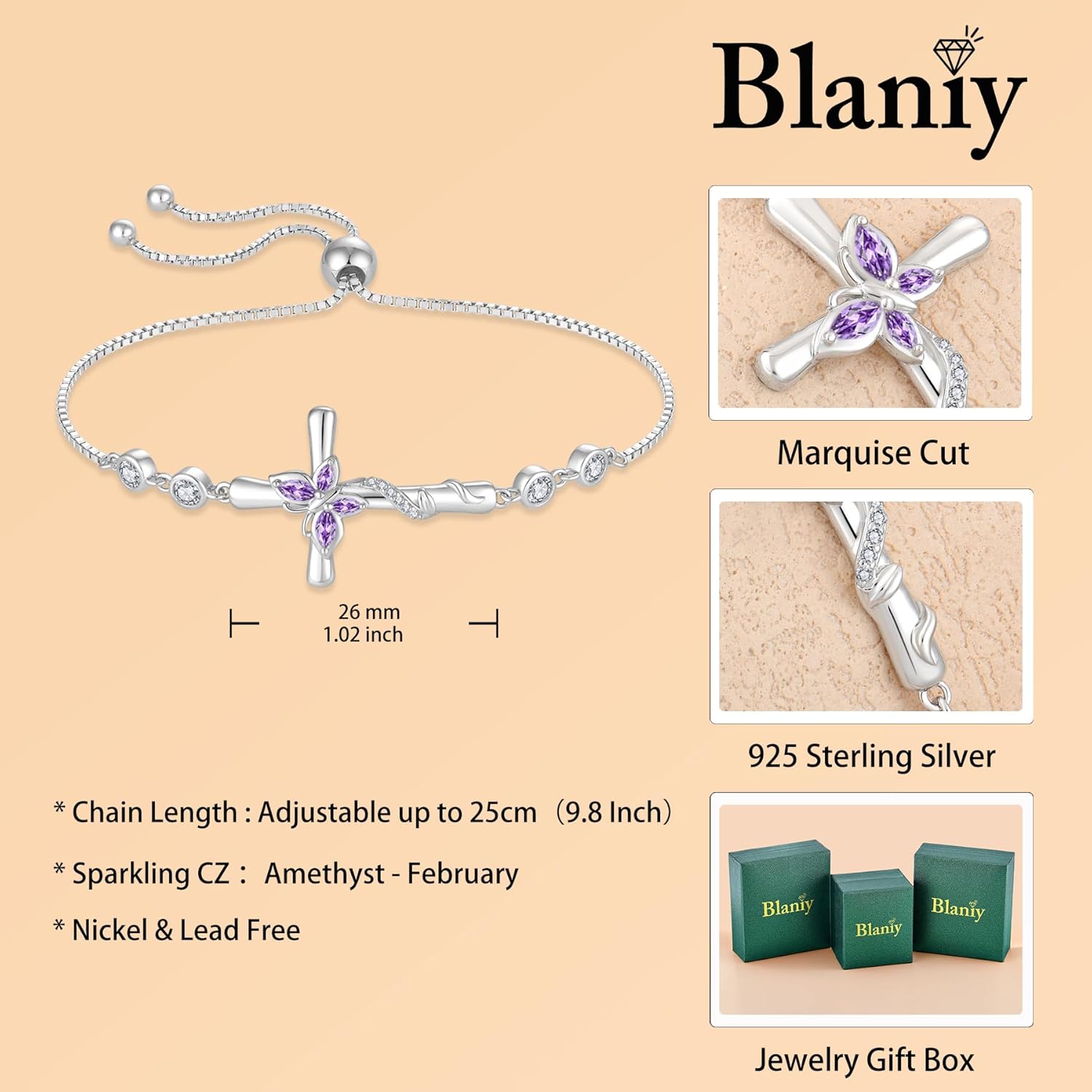 Cross Bracelet for Women 925 Sterling Silver Adjustable Butterfly Bracelet Birthstone Jewelry for Women - Image 6