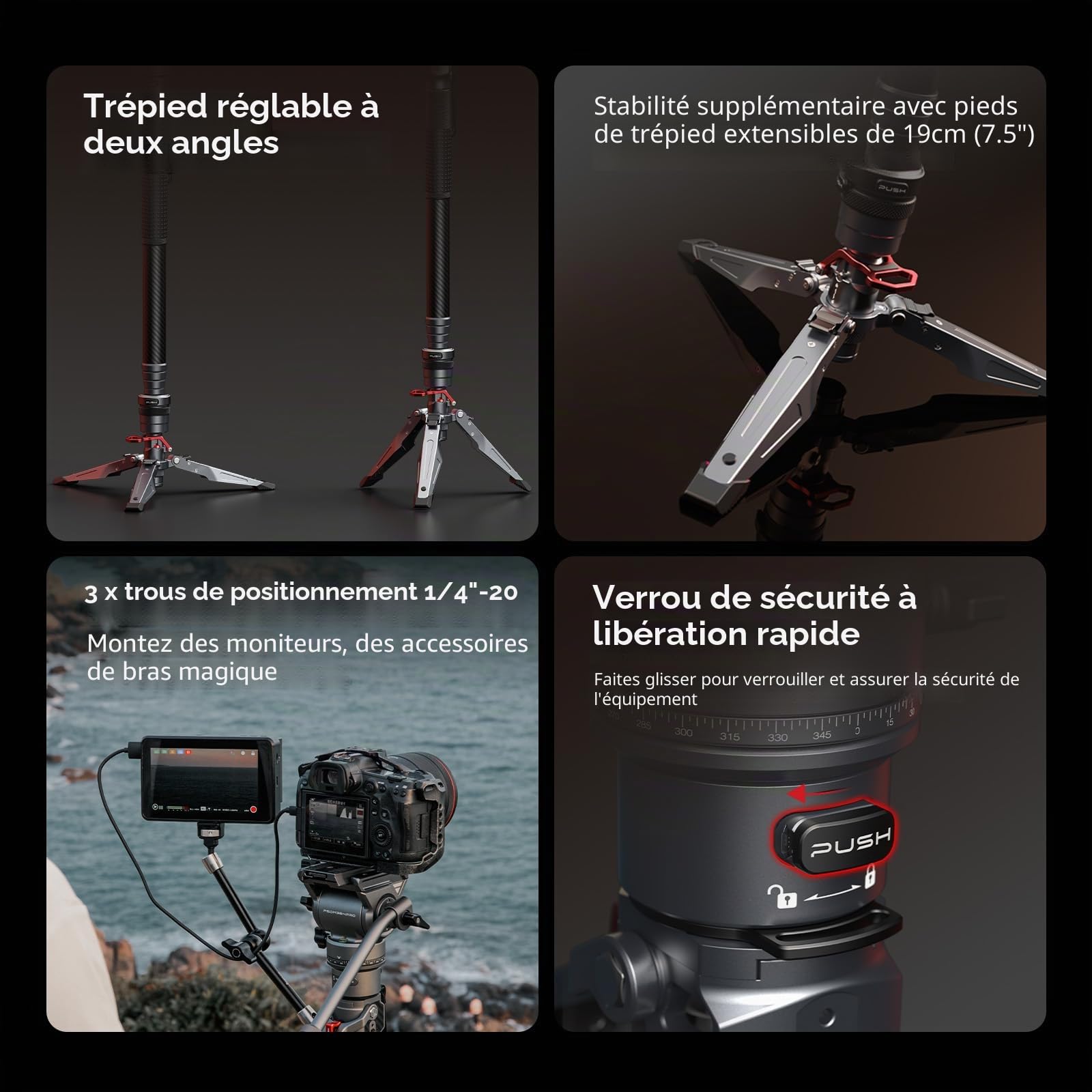 SMALLRIG 175cm Trépied Carbone Monopode Tête Fluide 1 Bouton 5kg - 5565 | Fibre carbone, Levage verrouillage 1 bouton, Tête fluide, pour DJI RS, MFT 501L