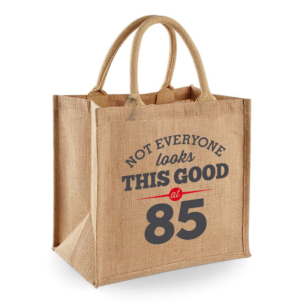 85th Birthday Gift Bag Keepsake for Women Novelty Jute 85 Years Old Shopping Tote Size 11.81x 11.81x7.48 inches