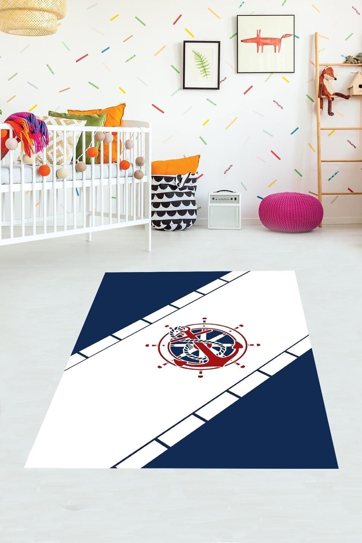 Pelangi Mavi Çapa Gemici Denizci Desenli Etnik Dijital Baskı Yıkanabilir Kaymaz Taban Çocuk Odası Halısı, MAVİ 100 x 400