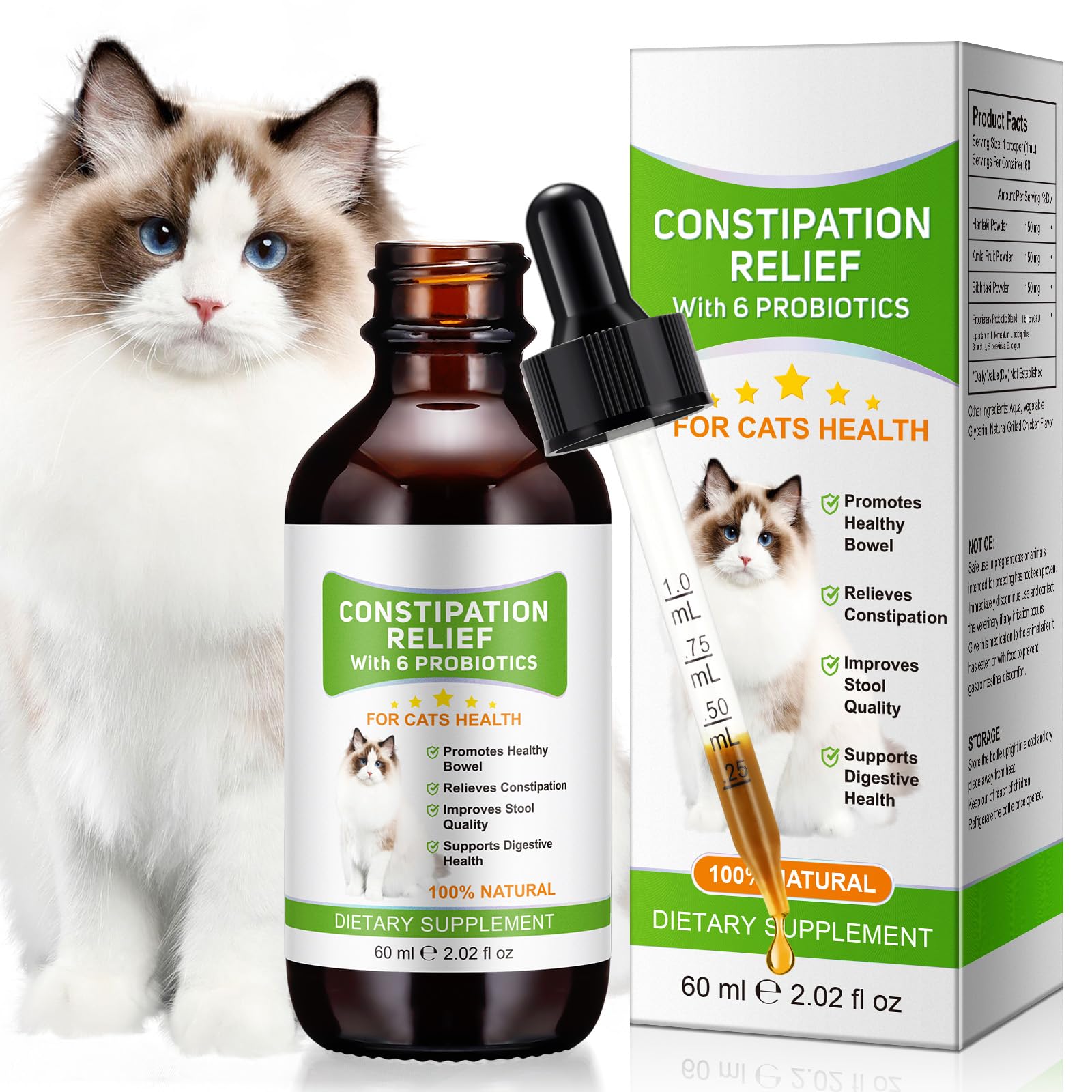 Alivio del Estreñimiento para Gatos, 60ml Tratamiento del estreñimiento para Gatos, laxante para Gatos con 6 Suplementos probióticos, promueve la Salud intestinal del