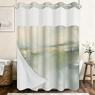 NAEMBCU No Hook Shower Curtain with Snap in Liner, Abstract Sage Green Coastal Landscape Print - Waterproof Double Layer Bath Tub Curtain with Mesh Top for Spa Japandi Bathroom Decor, 71W x 74H