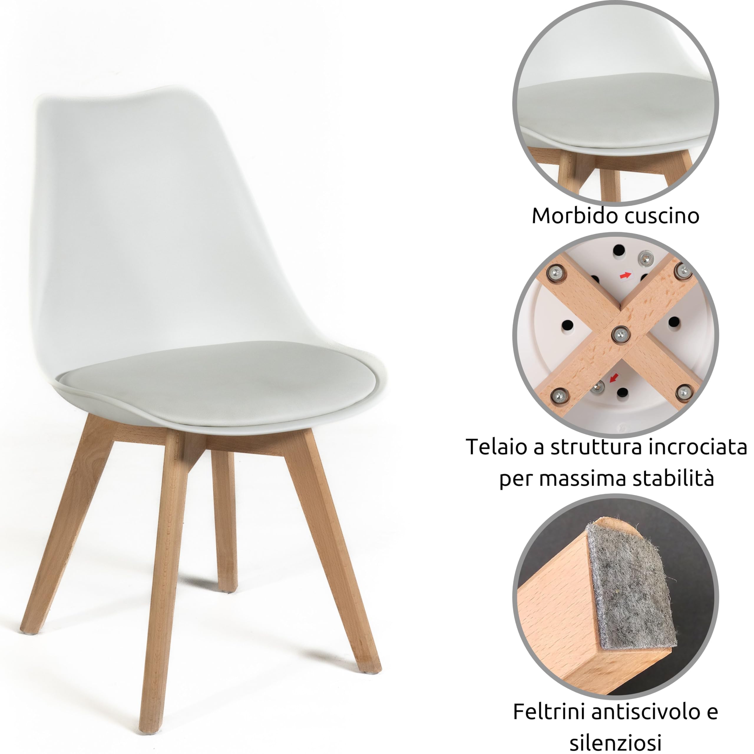 Norbe | Sedia da Sala da Pranzo o Ufficio con gambe in legno di faggio e morbido cuscino di ecopelle |Dim: 50x48x 82 H cm (Bianco, 1)