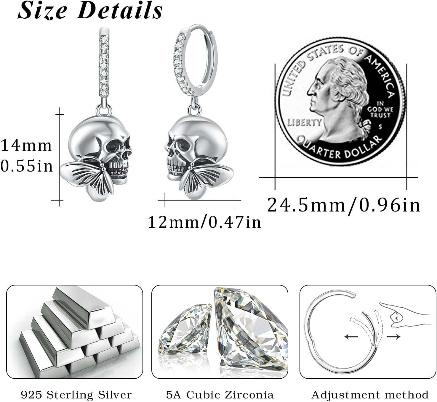 Sterling Silver Skull Crystal Drop Earrings - Gothic Skull Jewelry Gifts for Women