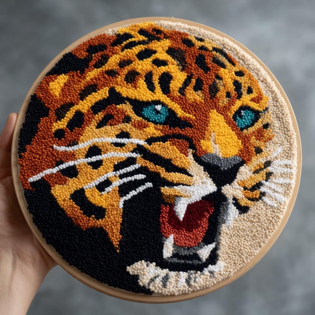 kitphoenix DIY Latch Hook Rug Kits Leopard Easy for Beginners Round Carpet Crochet Yarn Craft Large Rug Hook and Latch Tapestry for Home Decor 50X50Cm