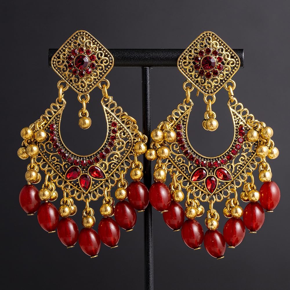 Bollywood Jhumka Earrings for Women Vintage Gold-Tone Plated Chandelier Drop Earring Hook Cubic Zirconia Beaded Design Dangle Tassel Statement Boho Indian Jewelry for Festival Wedding Holiday - Image 4