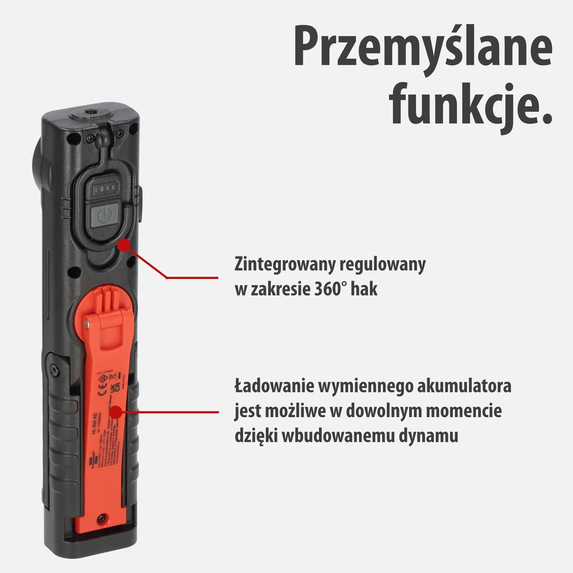 Brennenstuhl HL 600 AD/akumulatorowa lampka ręczna LED dynamo z akumulatorem i kablem USB-C (600+180lm, IP54, IK08, światło robocze o czasie świecenia do 15 godzin, z haczykiem i magnesami)