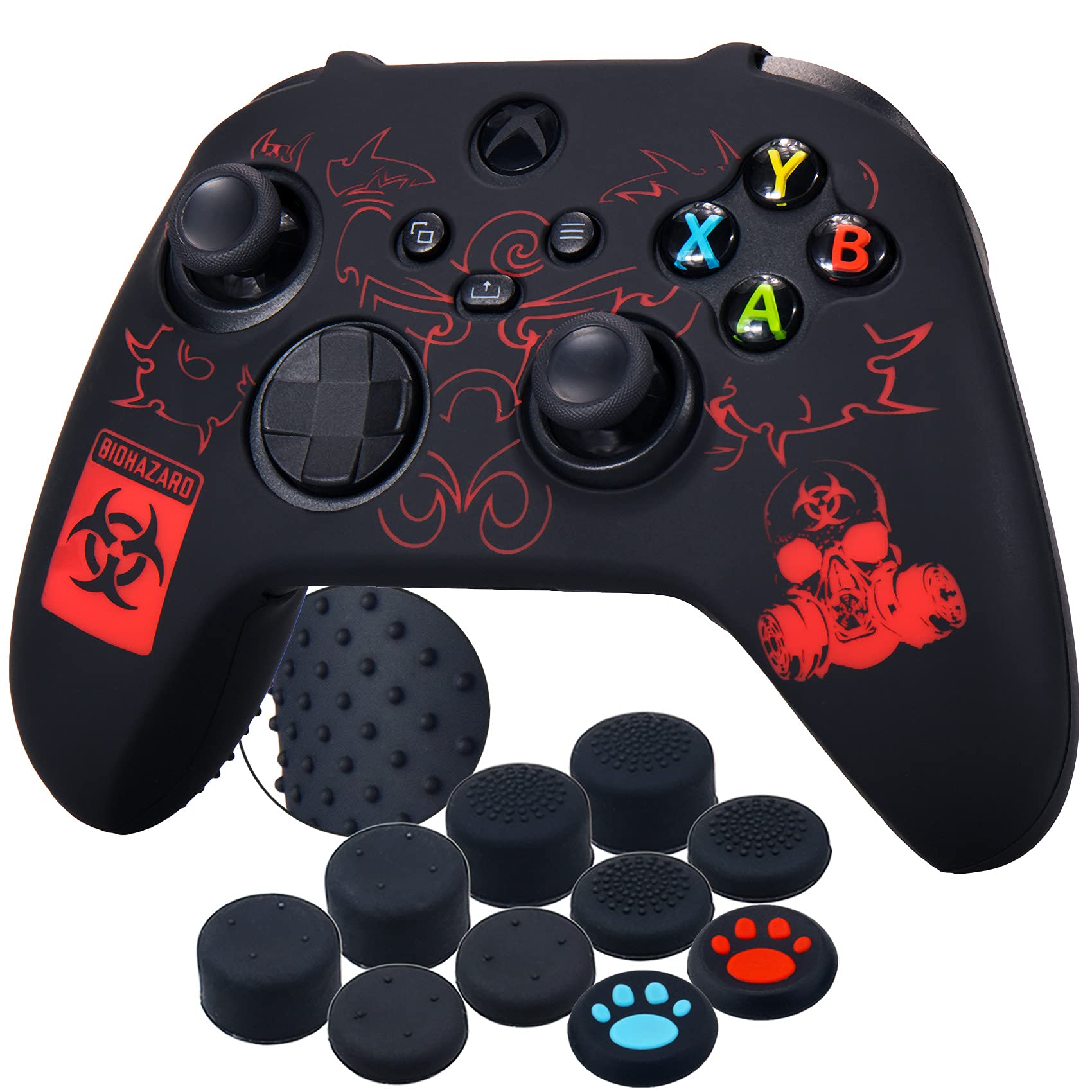 YoRHa Sculpture au Laser Silicone Housse Silicone Couverture Skin Peau Coques Cas pour Xbox Series X/S Manette x 1 (BH Rouge) avec Thumb Grip x 10
