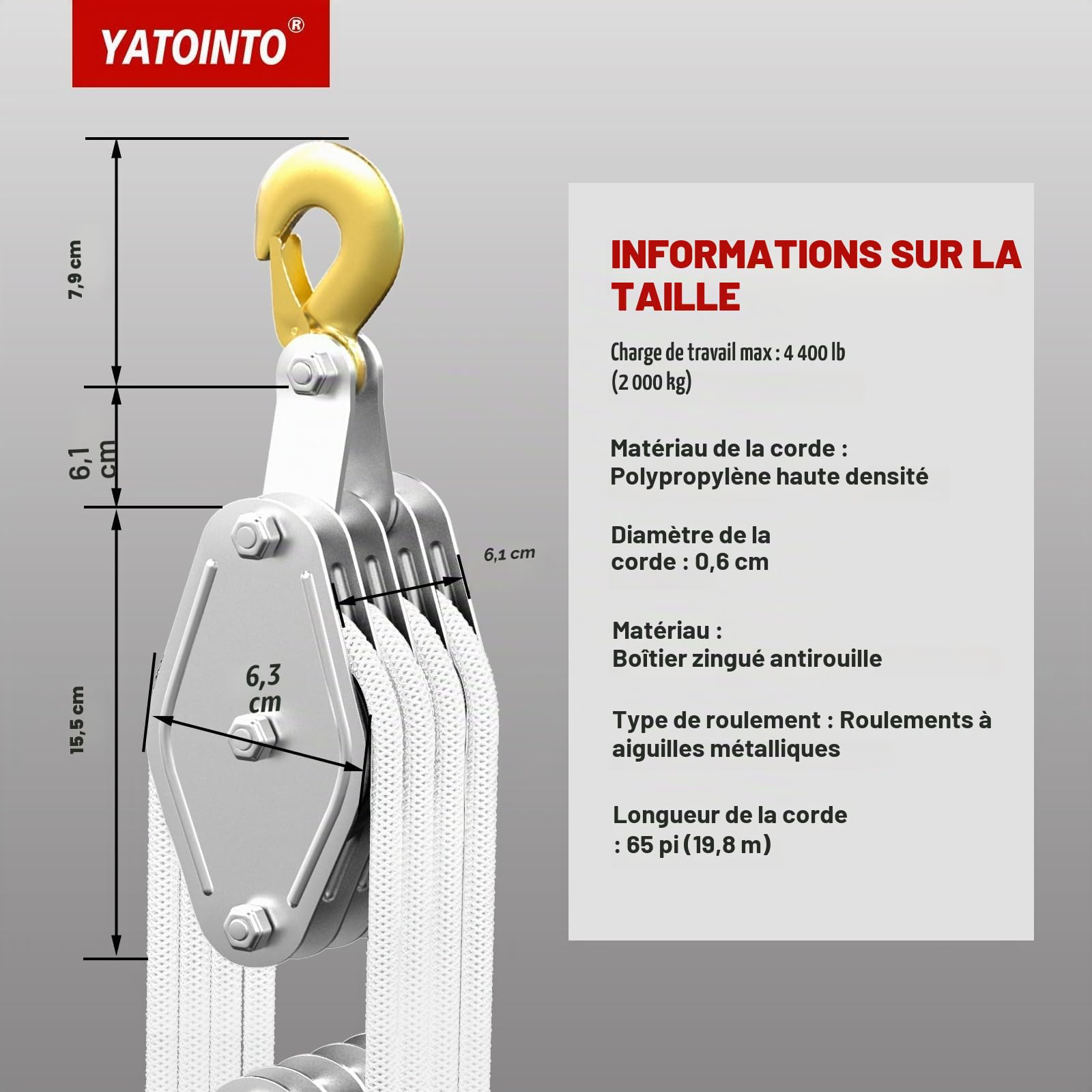 Palan à poulie à câble avec roulement en métal 4400 lb, système de poulie et de palan 8:1, capacité de charge de 2200 lb, palan à câble robuste de 65 pi pour garage de chasse et entrepôt
