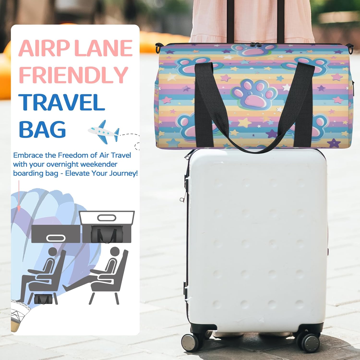 Cartoon Dog Cat Pawprints Duffle Bag for Travel Dance Ballet Sports Gym Bag for Kids Teens Women Men Overnight Waterproof Tote with Pocket Adjustable Straps