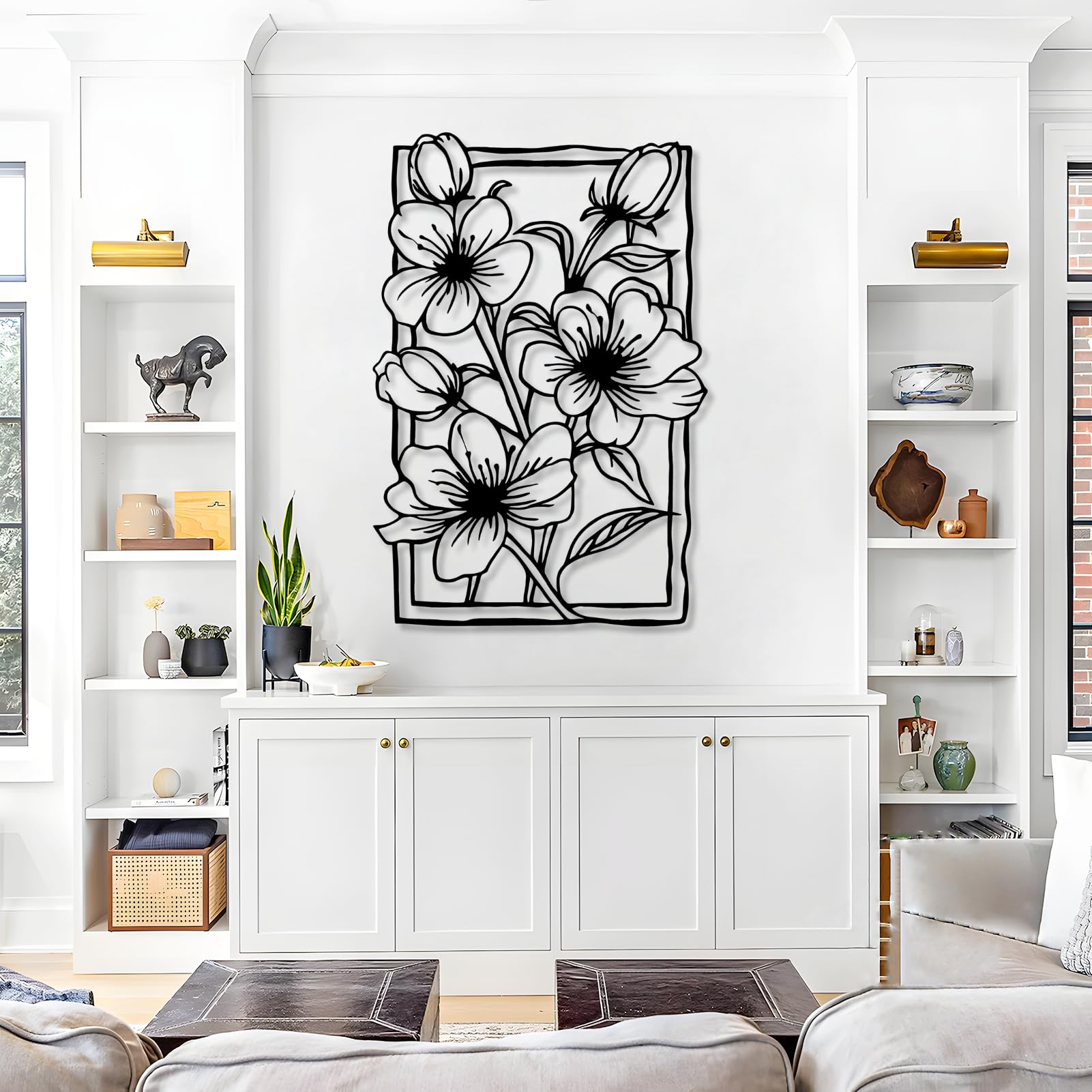 Décoration murale métal minimaliste noir 34x50cm motif floral pour salon et chambre