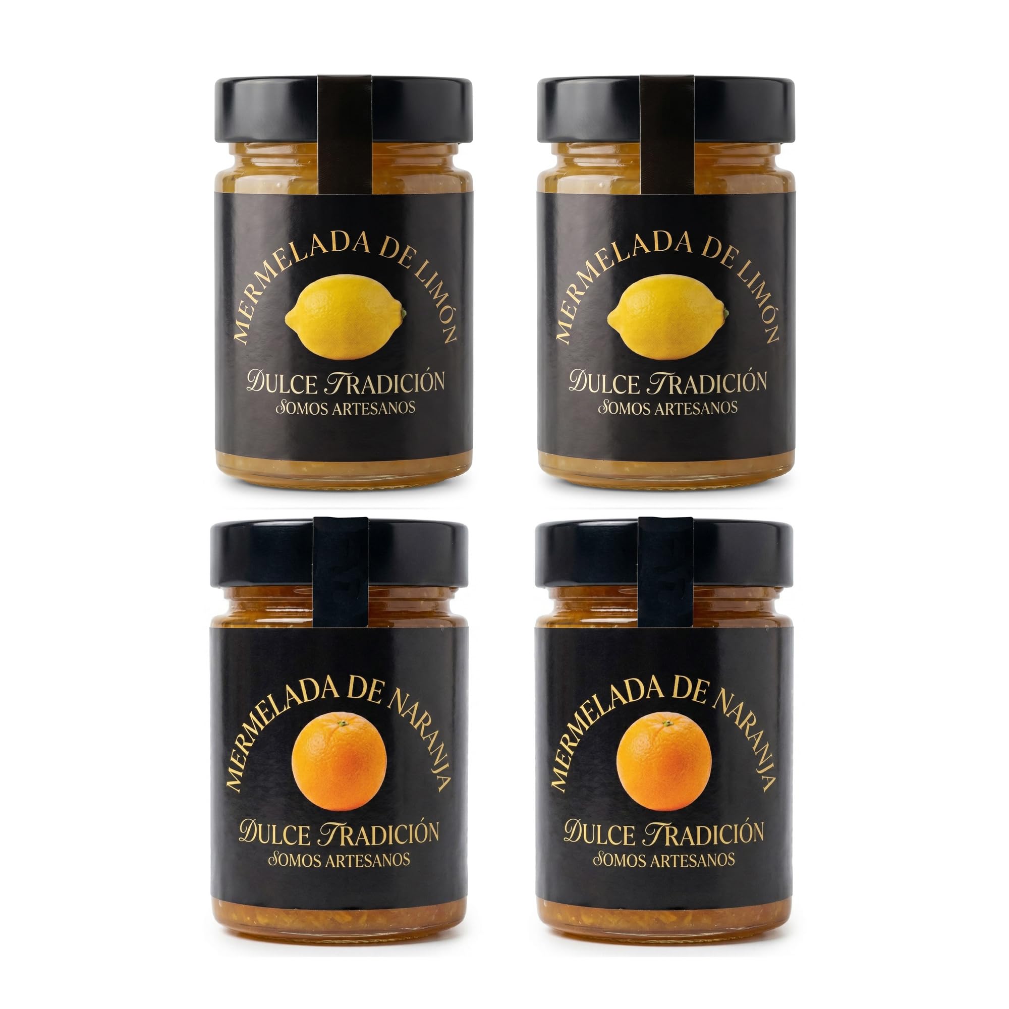 Mermelada Dulce Tradición. Elaboración artesanal. Pack de 4 tarros de 390 gr con 2 sabores. Naranja y Limón. 63% de fruta fresca de temporada. Sin conservantes, ni colorantes.